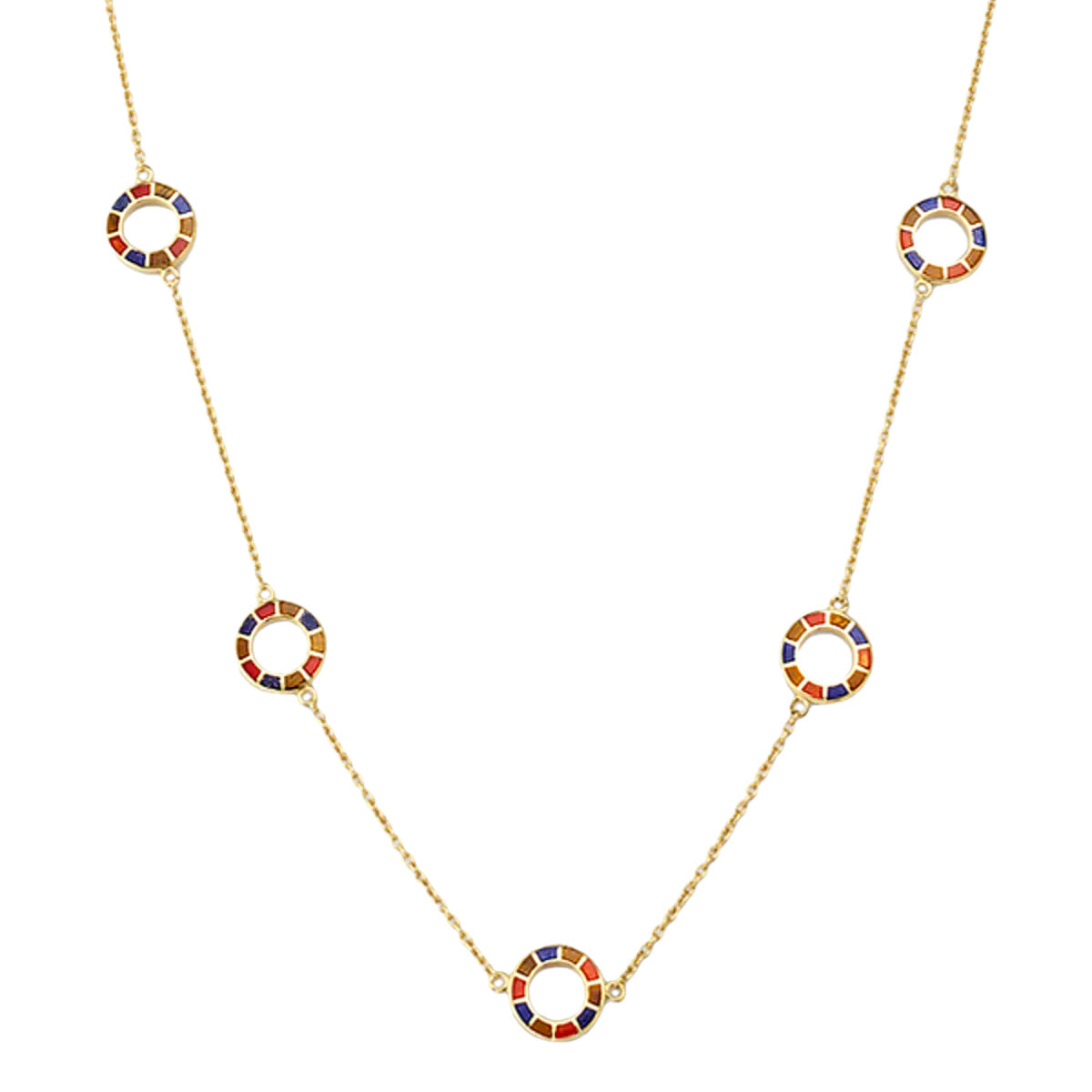 Multicolor enamel five open-circle station necklace on gold cable chain — Jan Leslie