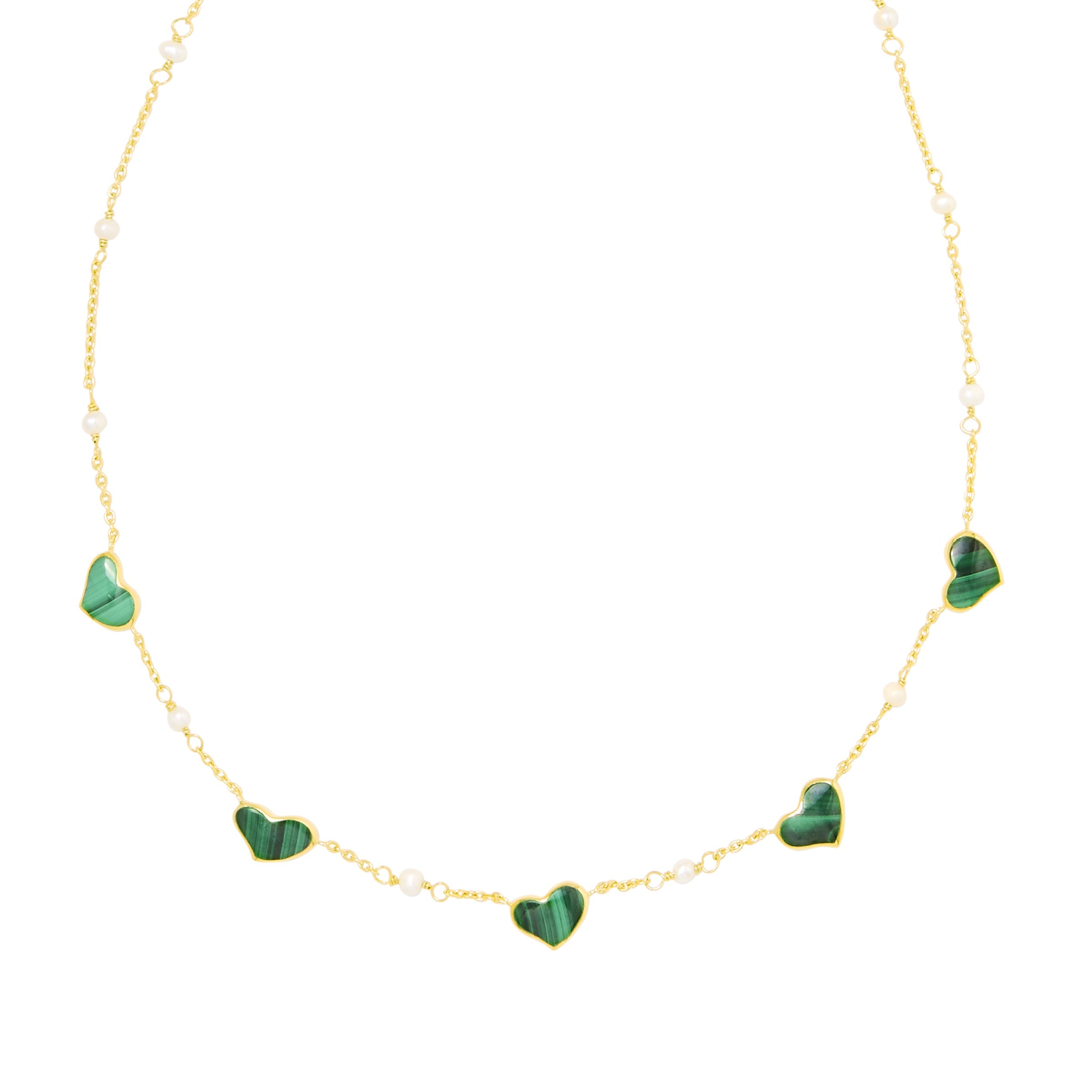 Gold vermeil sterling silver station necklace with five malachite heart charms and freshwater pearl accents on delicate cable chain, Jan Leslie luxury women's fine jewelry.