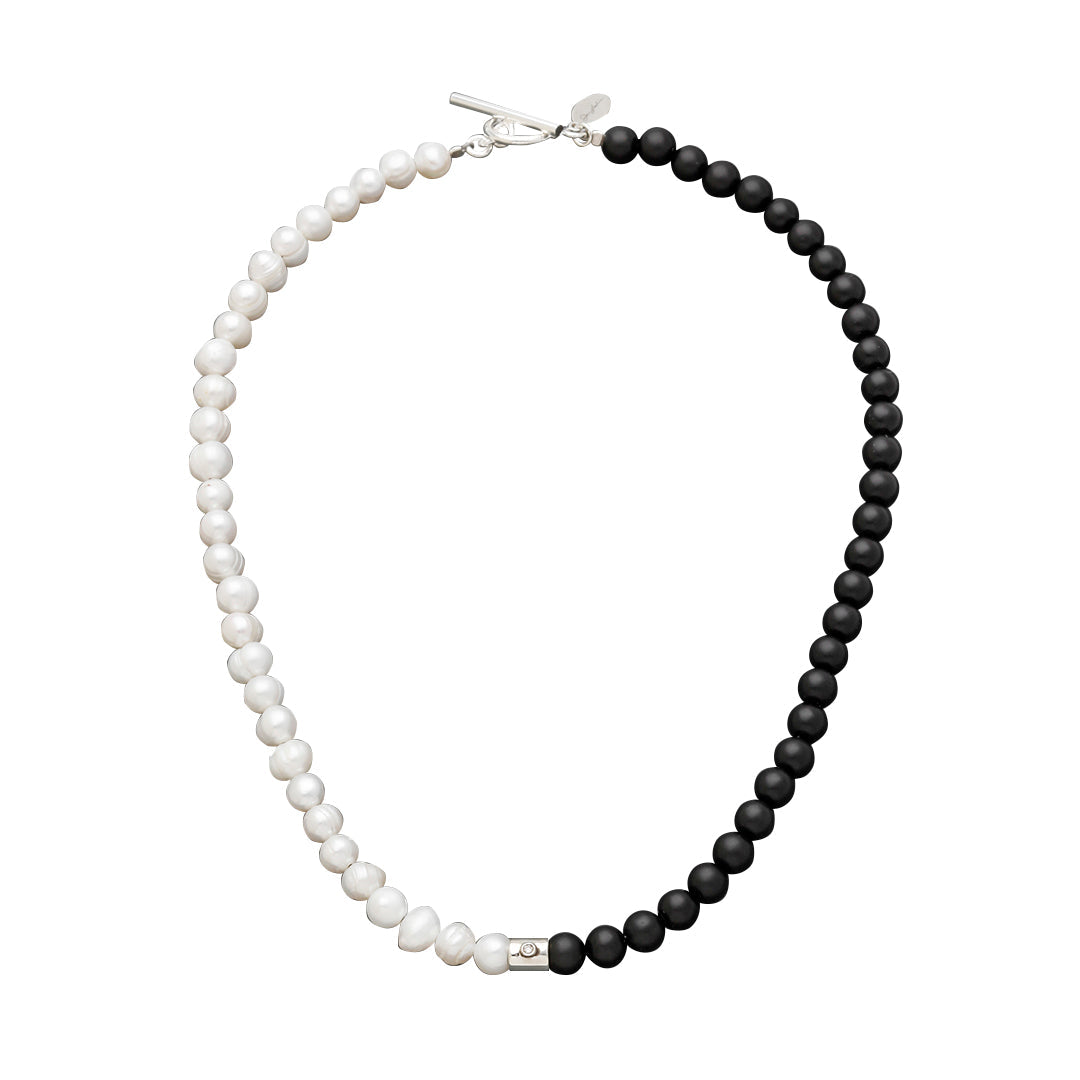 Diamond Accent Sterling Silver Freshwater Pearl & Black Agate Bead Necklace I Jan Leslie Cufflinks and Accessories.