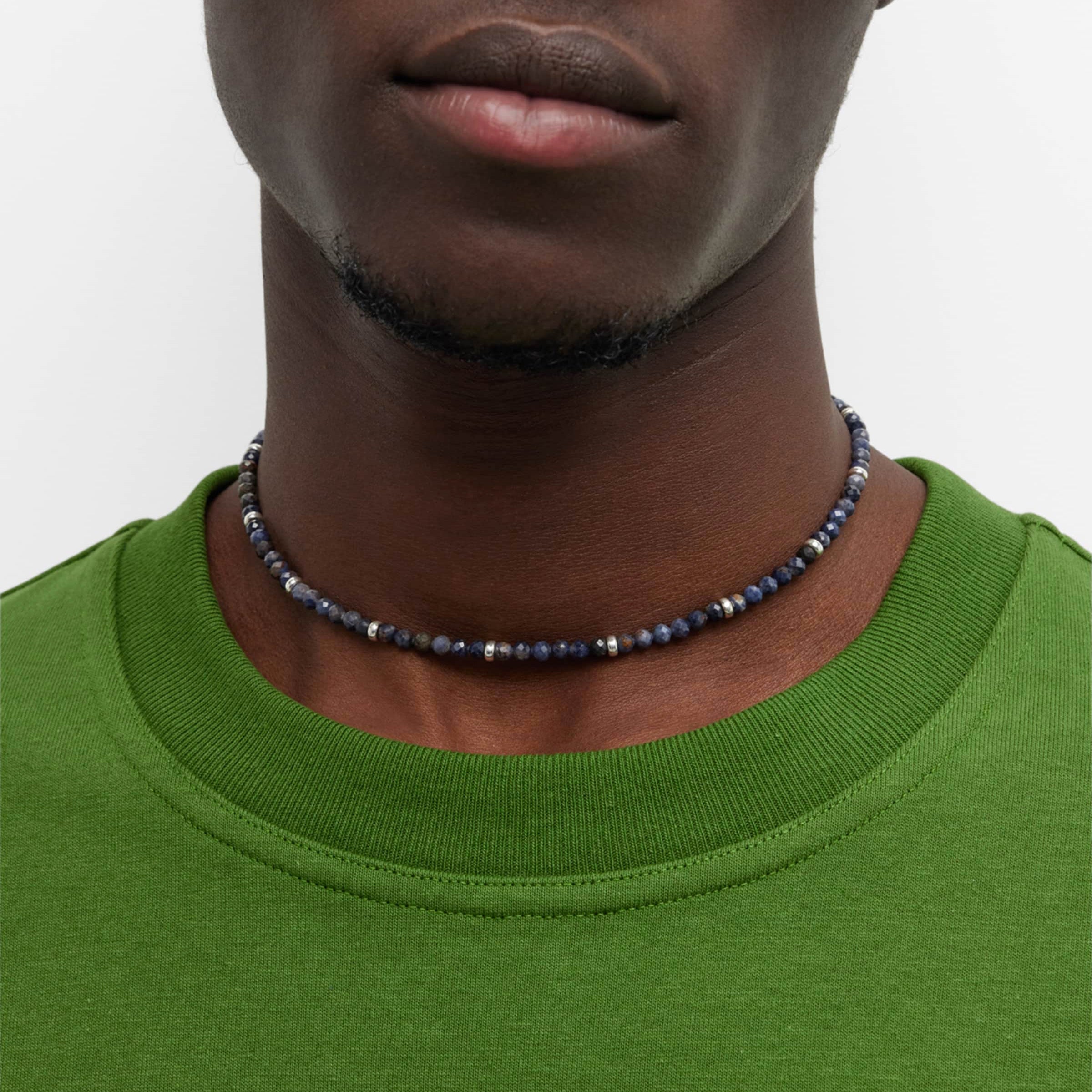 Men's Faceted Iolite & Sterling Silver Rondelle Beaded Choker Necklace on Model - Jan Leslie Cufflinks and Accessories