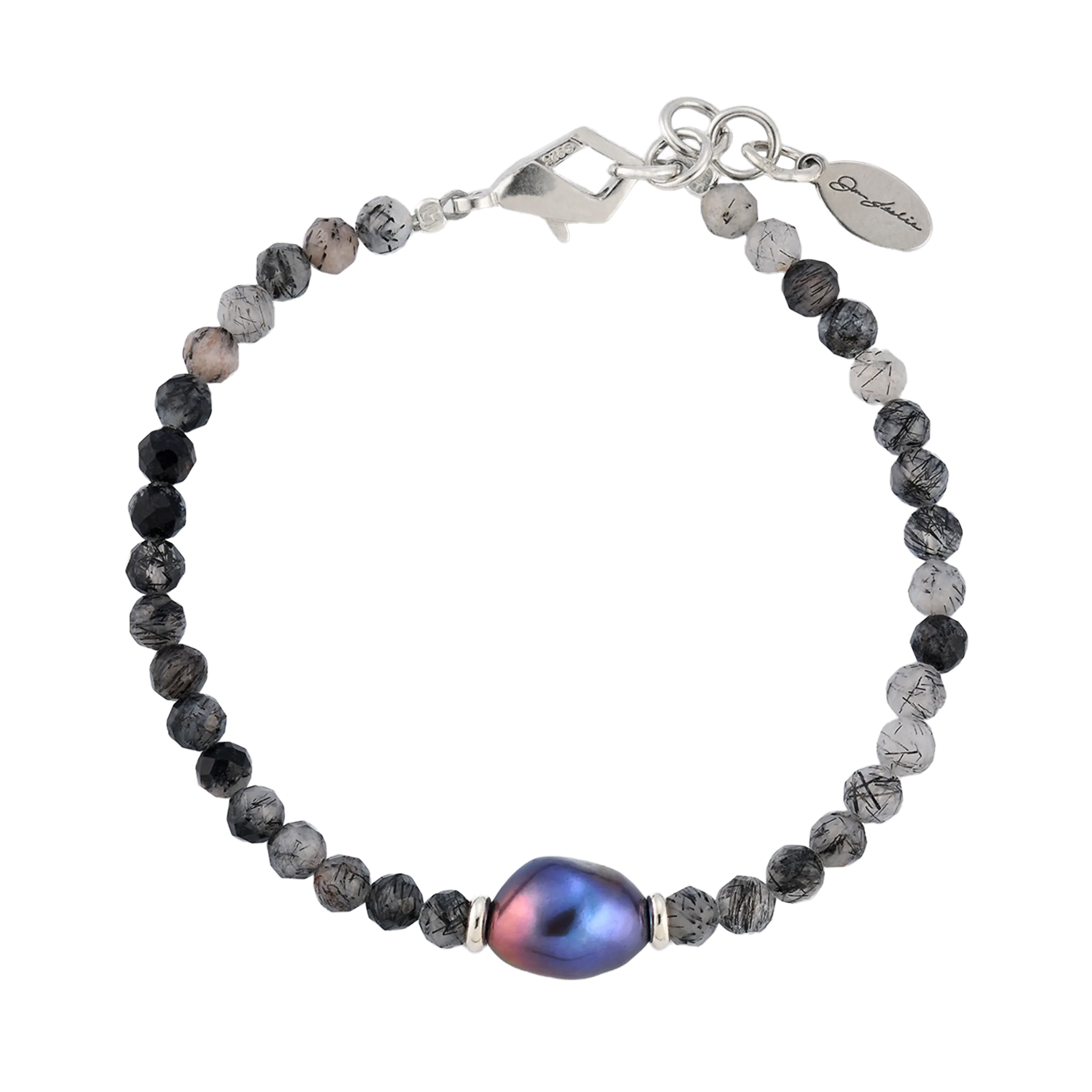 Black tourmalinated quartz faceted rondelle bead bracelet with baroque peacock pearl centerpiece full silhouette showing lobster clasp by Jan Leslie