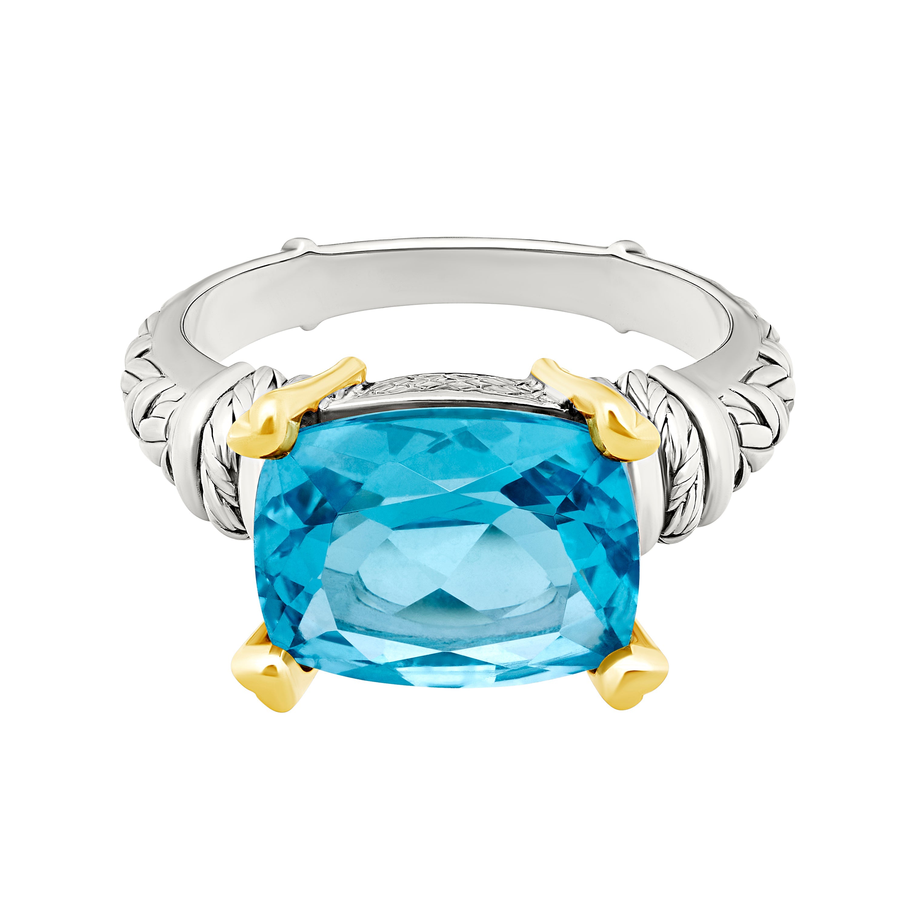 Sterling Solitaire cushion-cut Swiss blue topaz ring with gold accents
