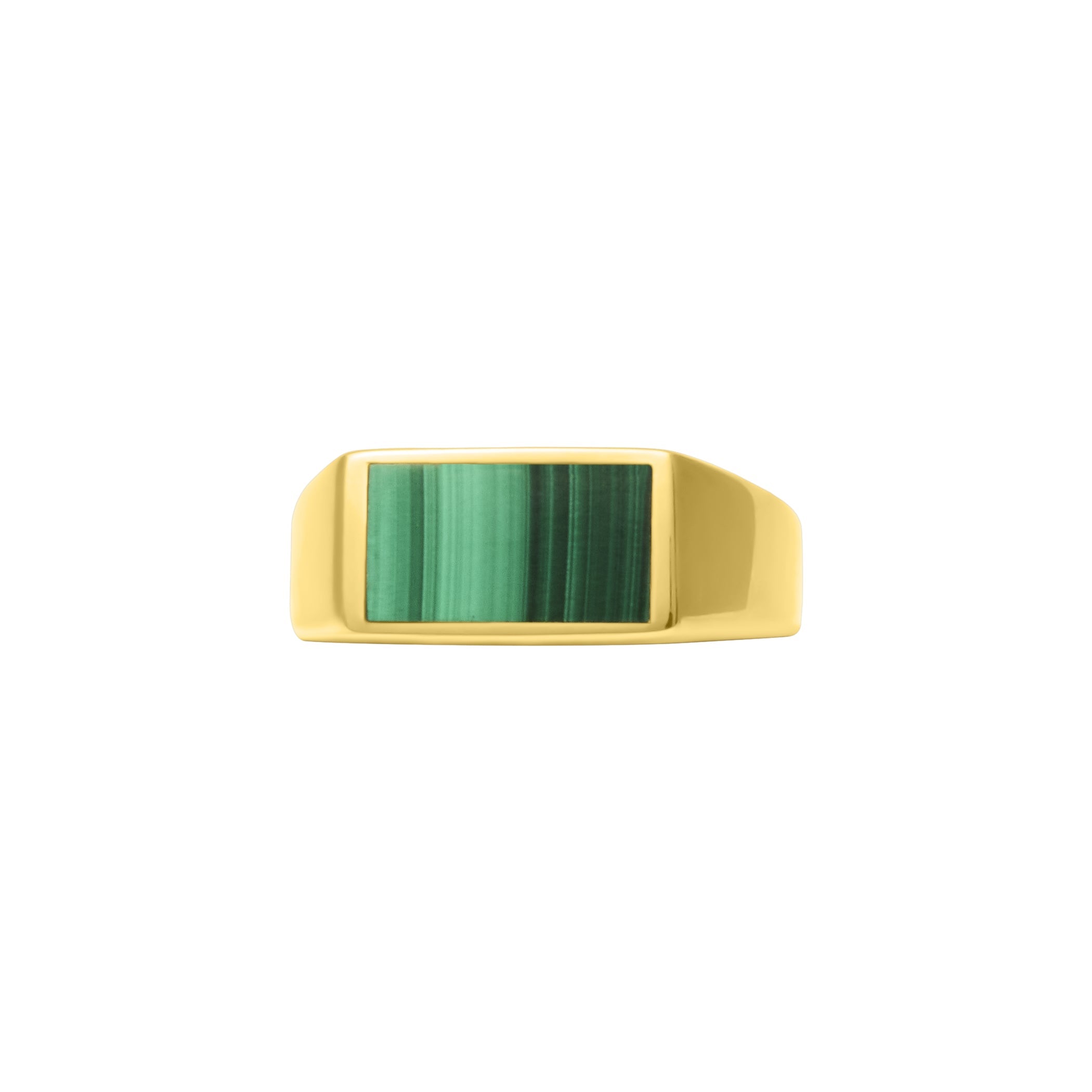 Front face view of gold vermeil sterling silver rectangular malachite signet ring showing full banded green stone inlay and polished gold bezel frame, Jan Leslie luxury men's fine jewelry.