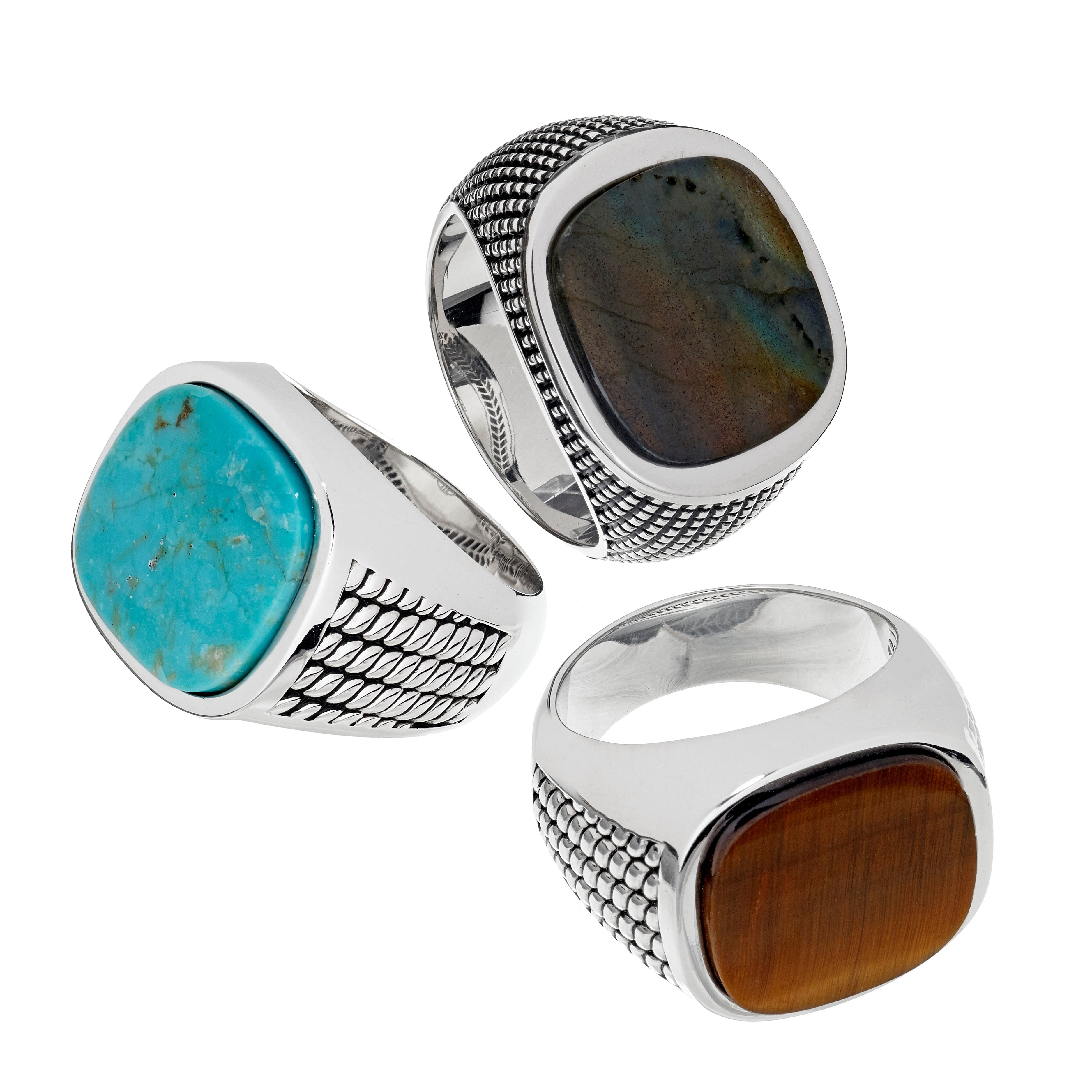 Group shot of Jan Leslie gemstone and sterling silver mens rings.