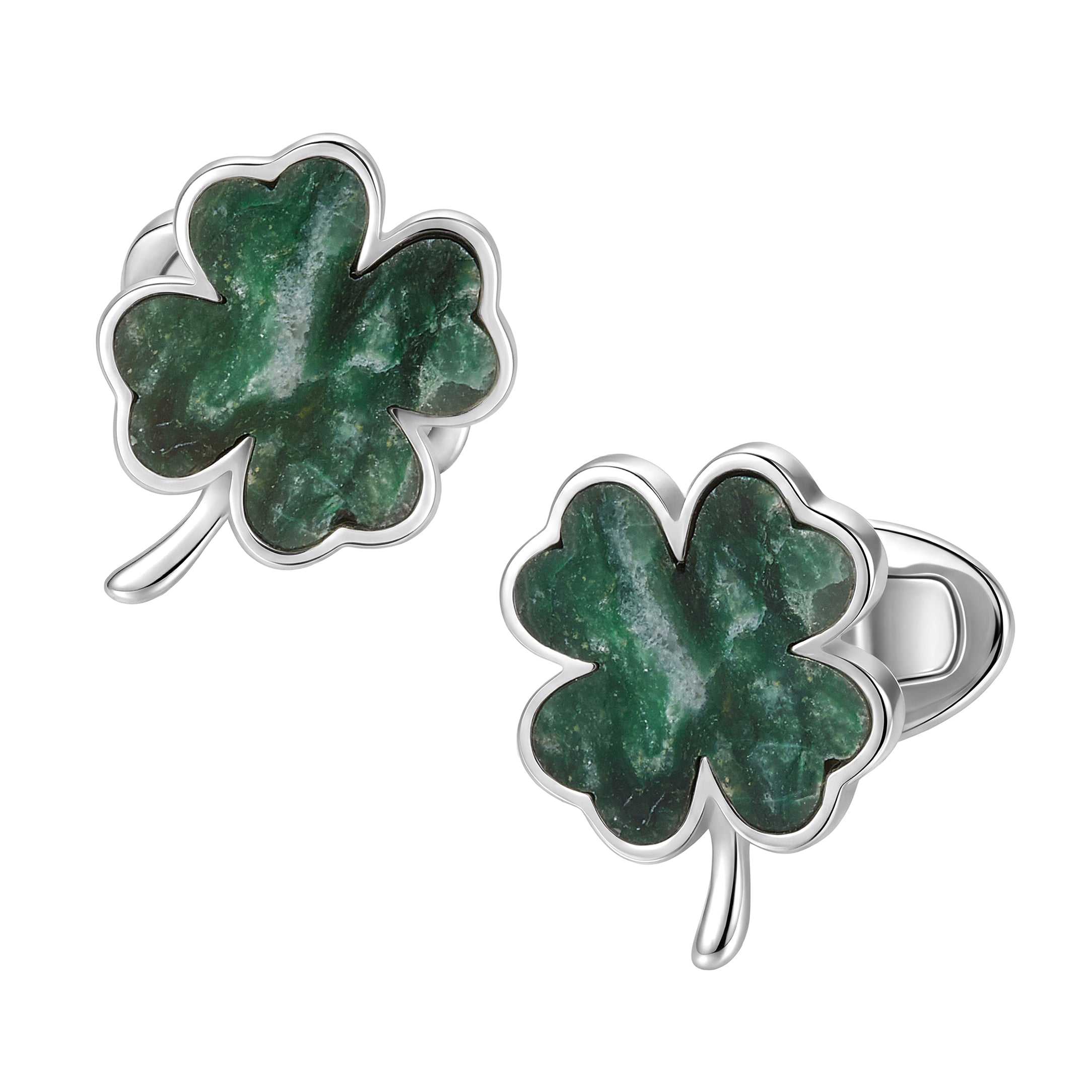 Four-leaf clover cufflink pair with deep forest green onyx inlay