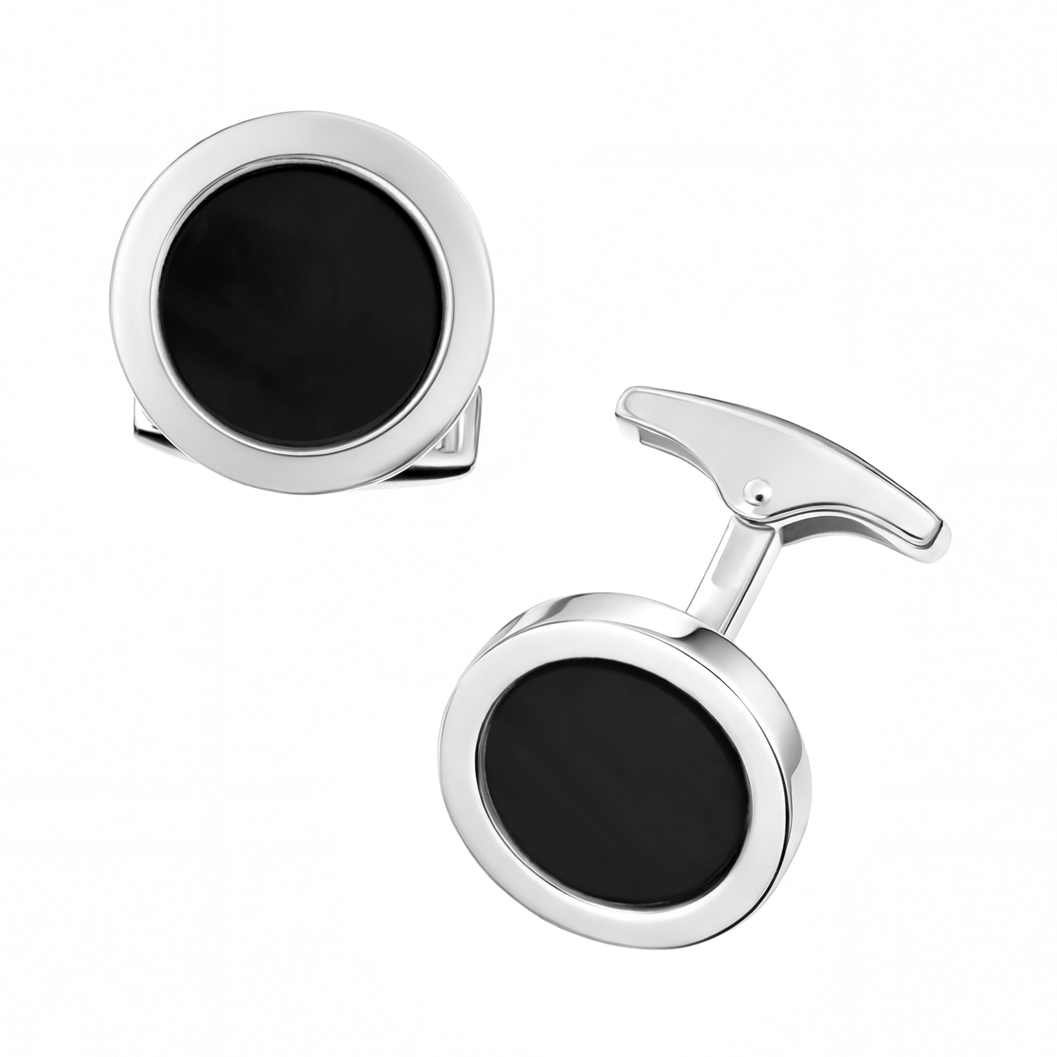 Polished sterling silver round black onyx cufflinks with polished bezel setting and T-bar toggle back closure, Jan Leslie