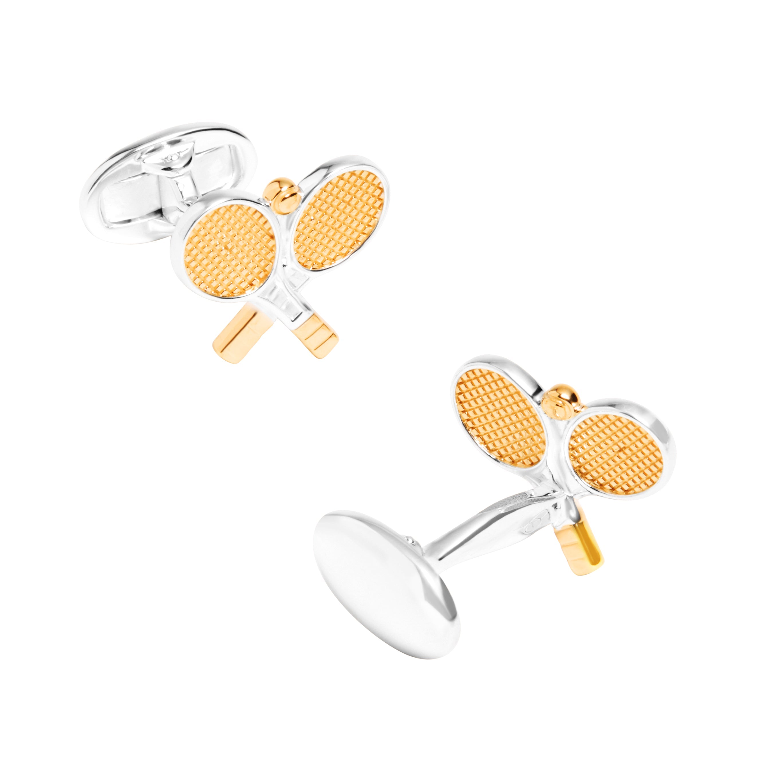 Sterling silver and gold two-tone crossed tennis rackets cufflinks with textured gold string face and tennis ball accent, luxury sports men's fine jewelry.