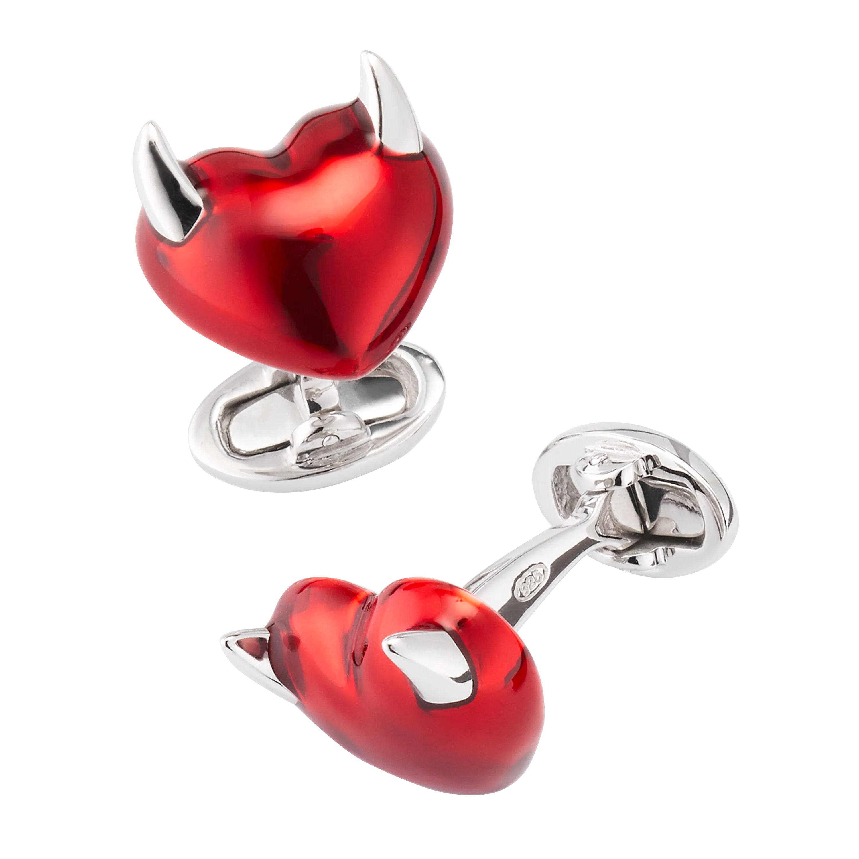 3D devil heart cufflink pair with glossy red enamel heart body