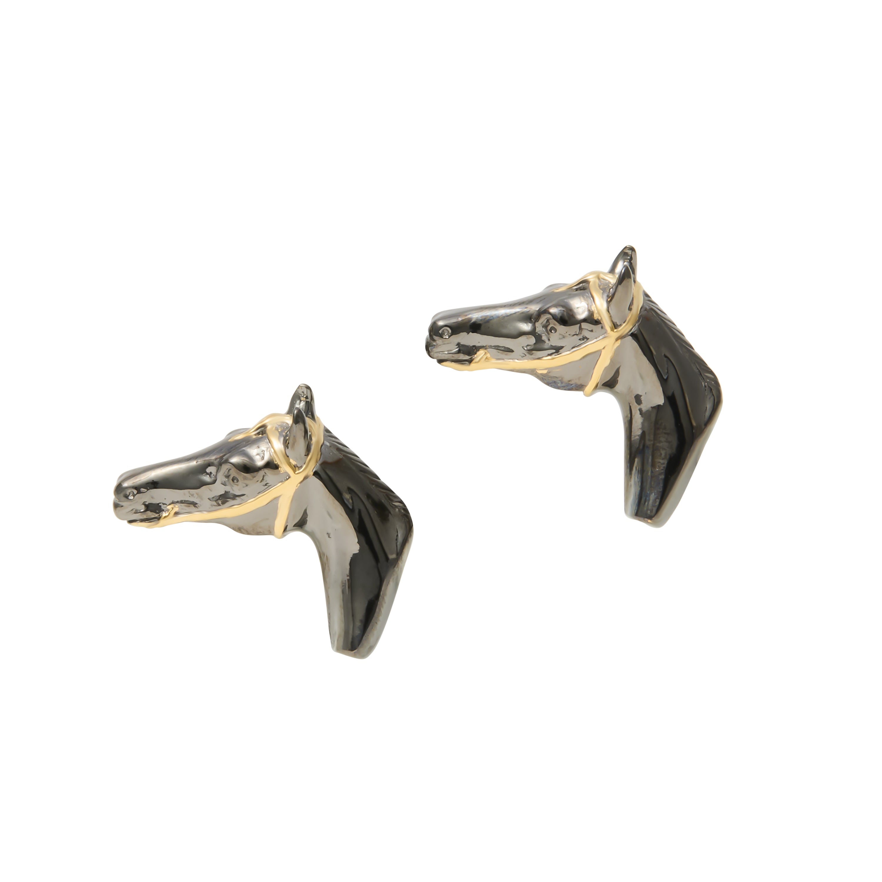 3D gunmetal and gold two-tone horse head cufflinks with gold bridle and halter detail, luxury equestrian men's fine jewelry.