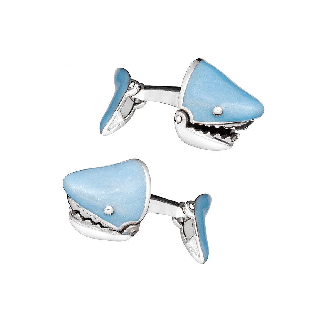 Shark with moving Jaw in Sterling Silver and hand painted enamel in light blue I Jan Leslie Cufflinks and Accessories.