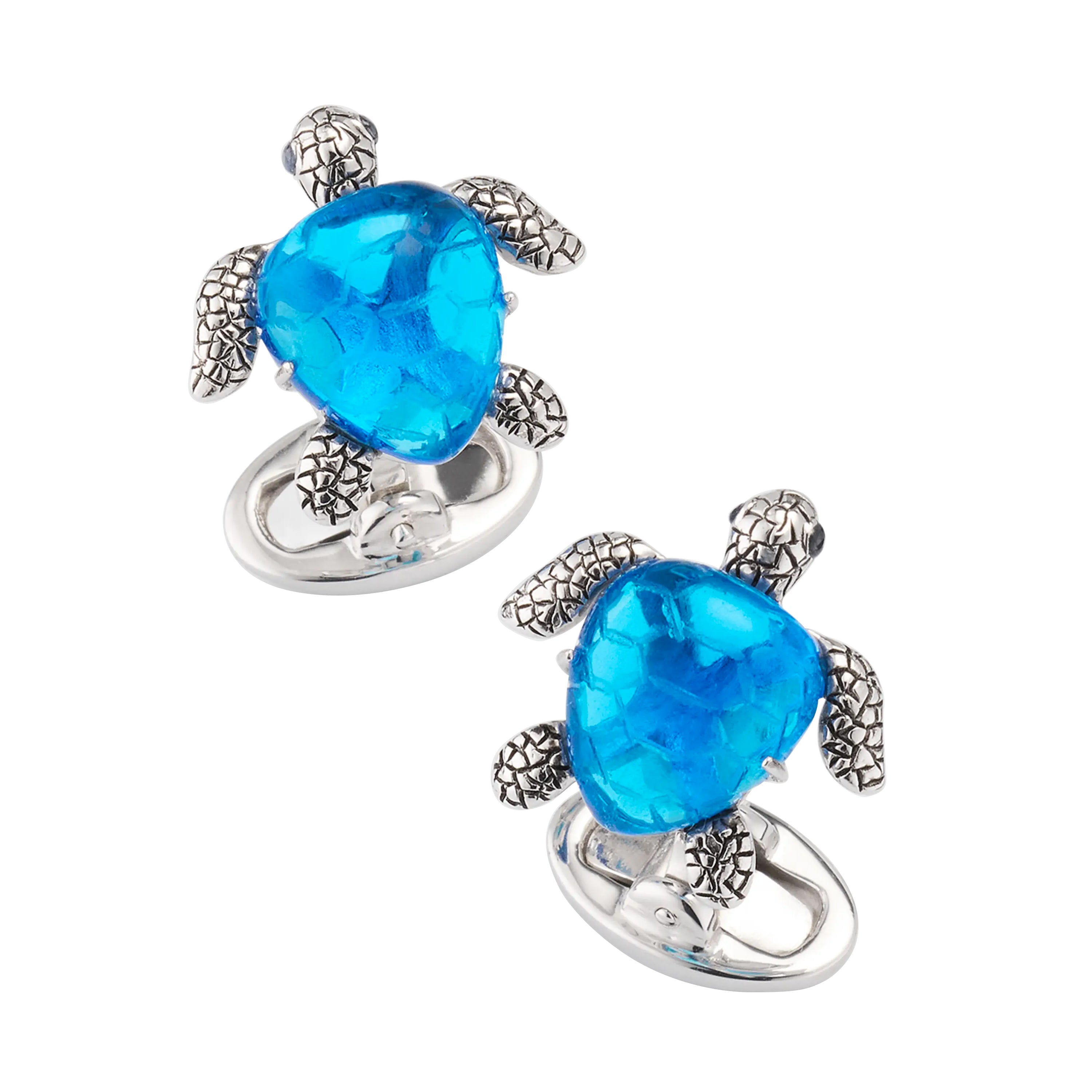 Blue topaz sea turtle cufflinks in oxidized sterling silver with faceted stone shell and whale-back toggle — Jan Leslie
