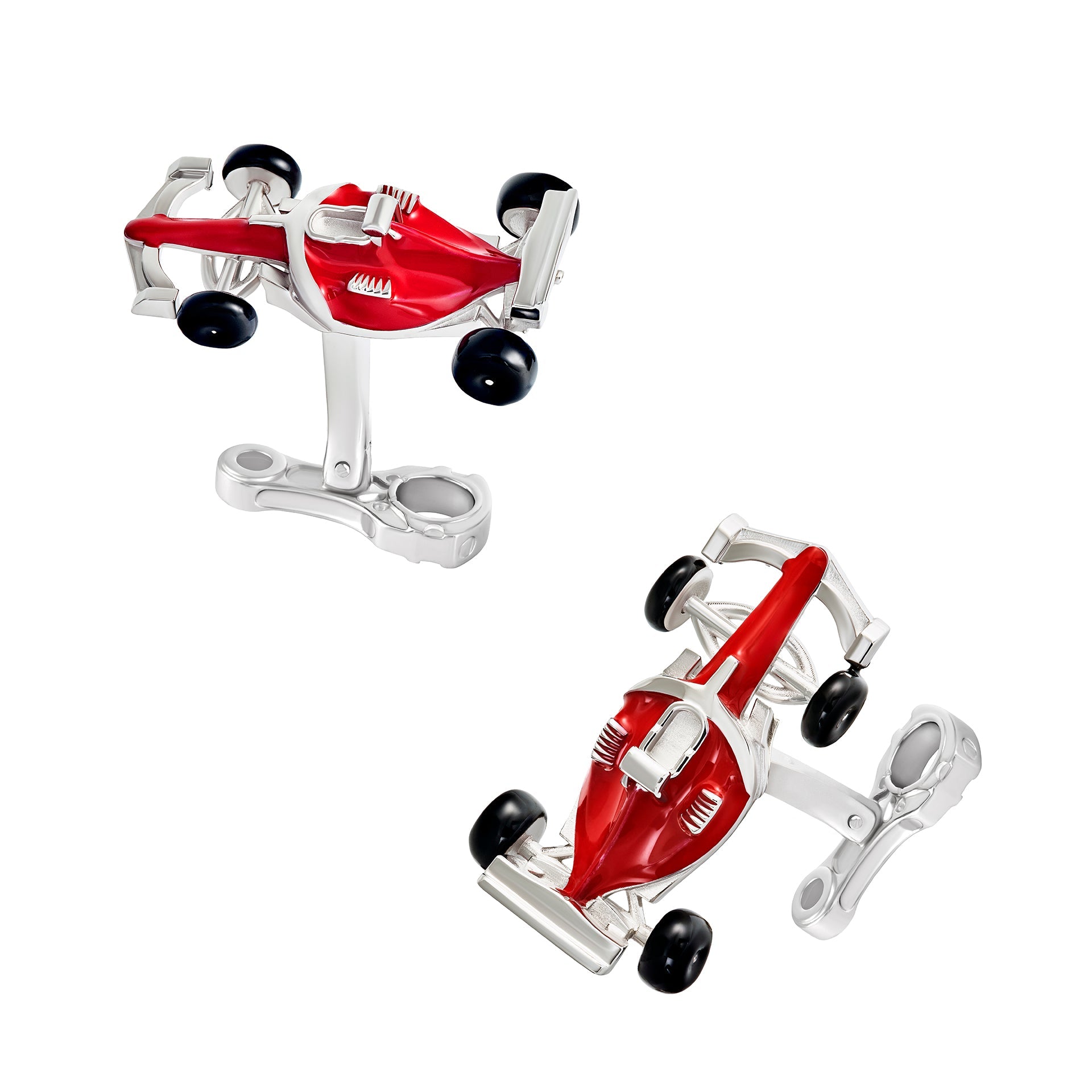 Sterling silver and red enamel Formula One racing car cufflinks with black enamel wheels, detailed cockpit and front wing, and silver T-bar swivel back closure, Jan Leslie luxury novelty men's fine jewelry.