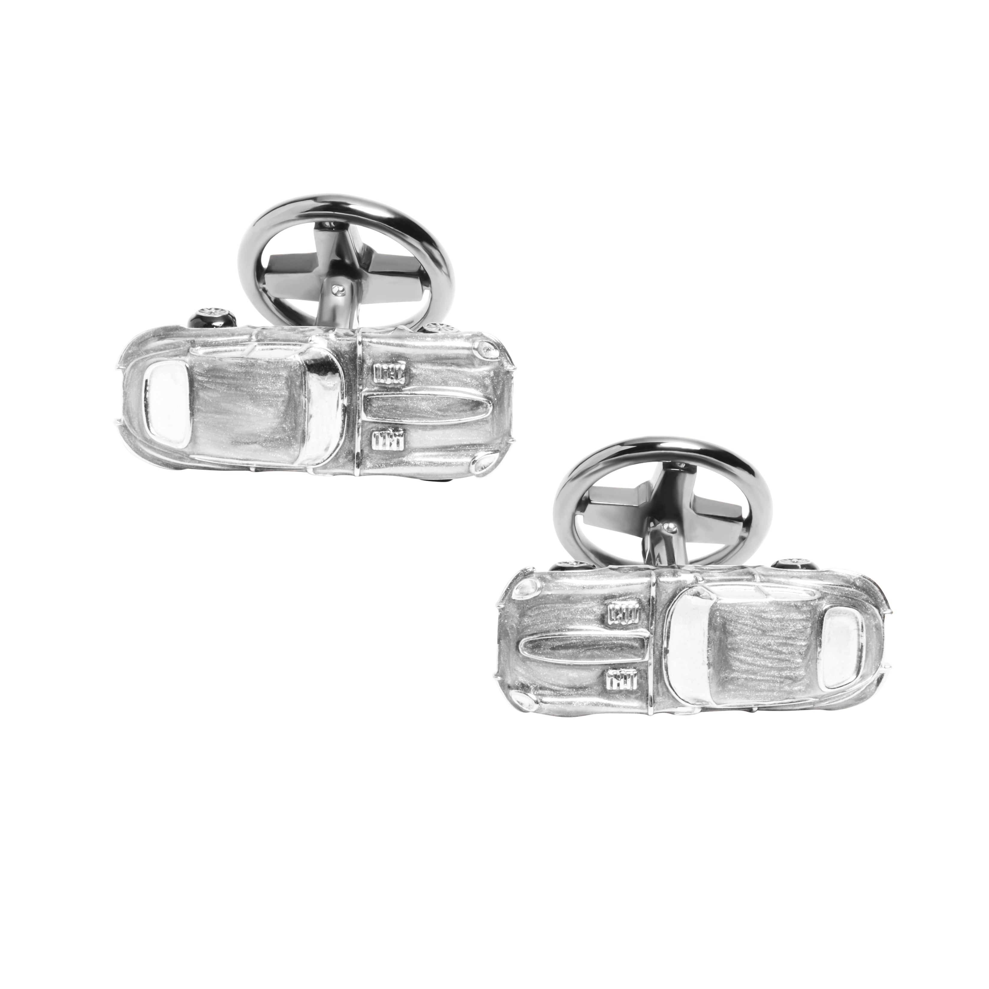 Sterling silver 3D vintage sports car cufflinks with intricate detailing and oval swivel toggle backings — the ultimate accessory for the automotive enthusiast.