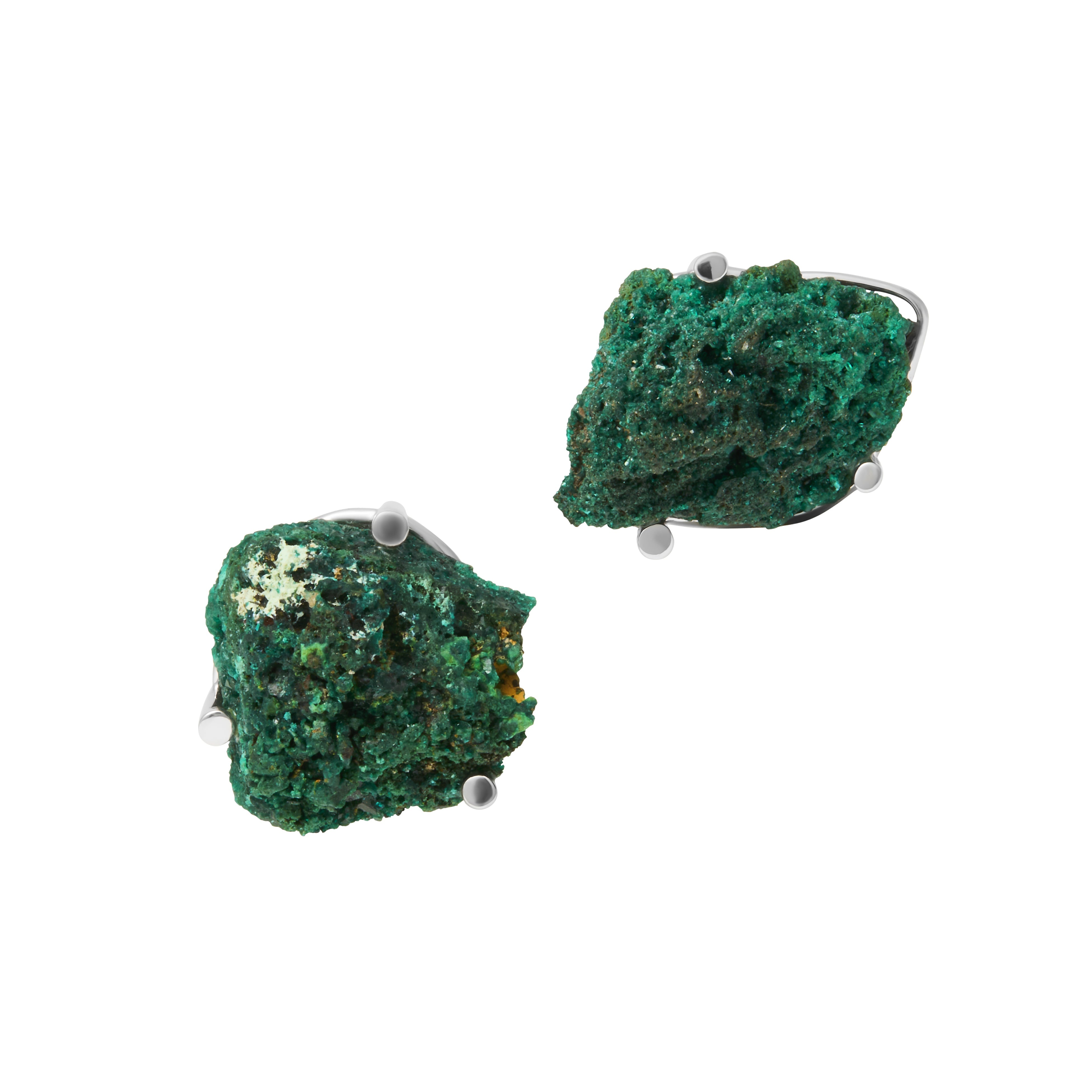 Raw dioptase nugget cufflink pair with vivid emerald green crystalline