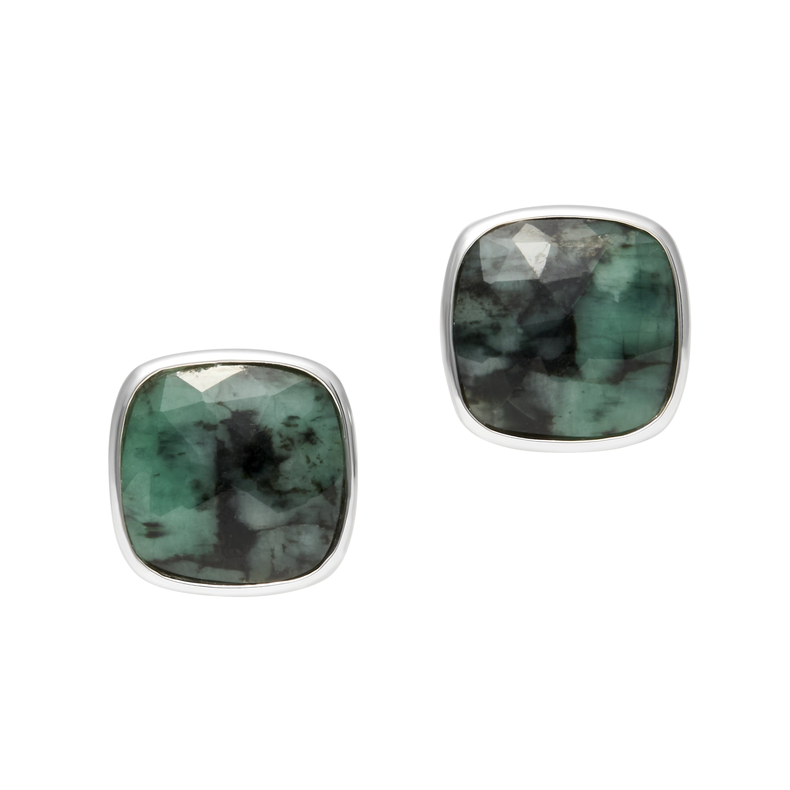 Rose-cut cushion emerald bezel stud earrings in sterling silver with butterfly backs — Jan Leslie