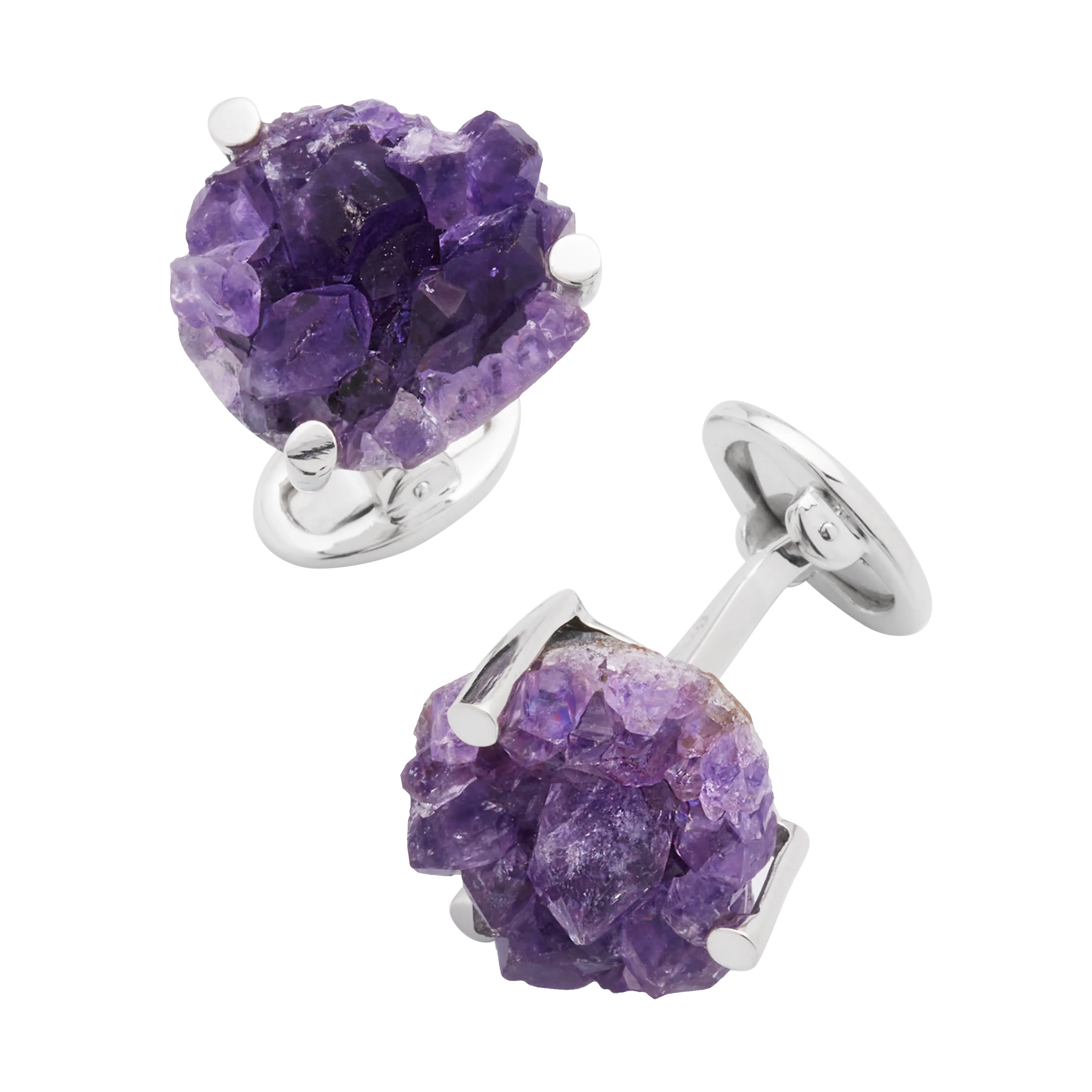 Raw amethyst druzy cluster cufflink pair in polished sterling silver