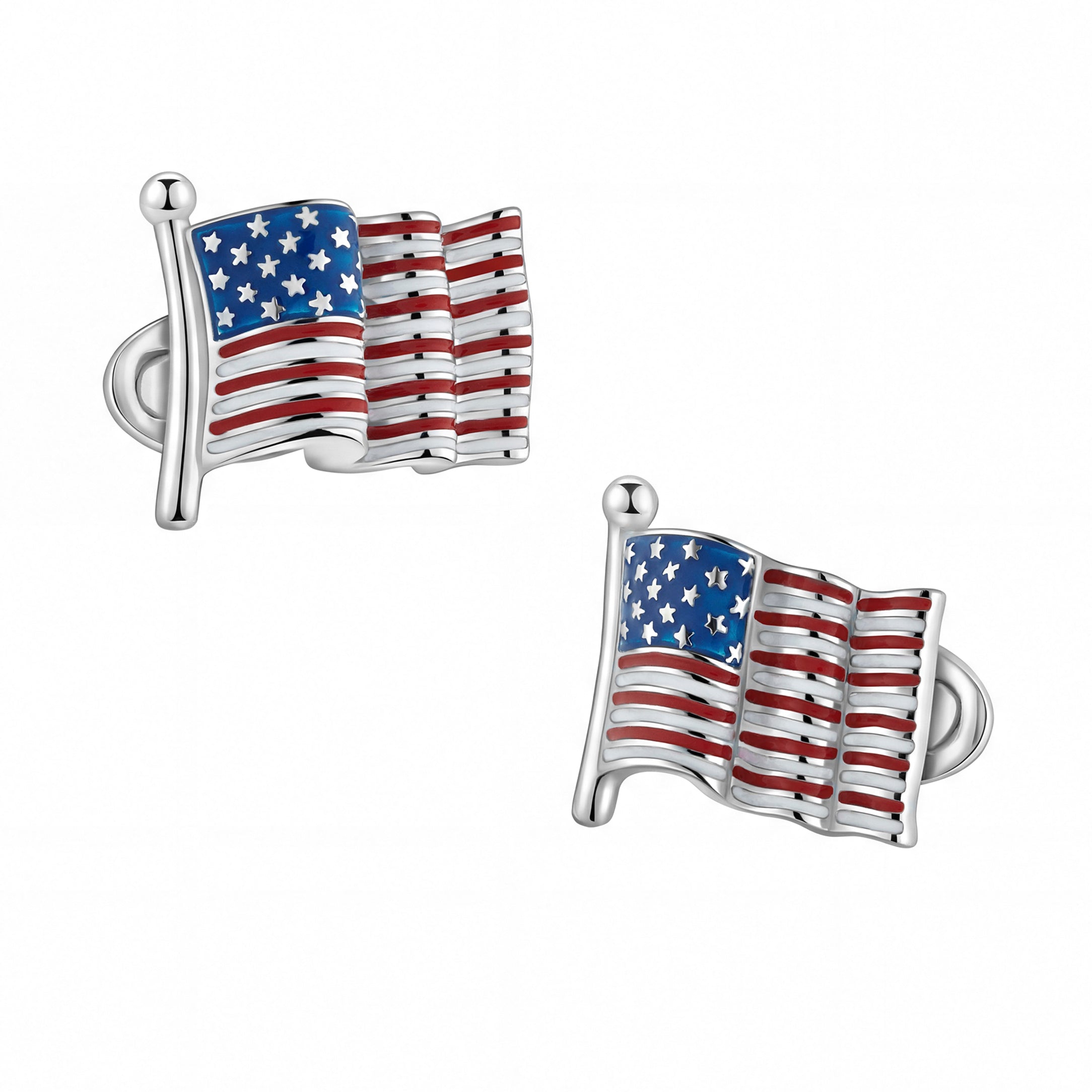 Waving American flag cufflink pair with navy blue enamel canton and engraved polished sterling silver stars alternating