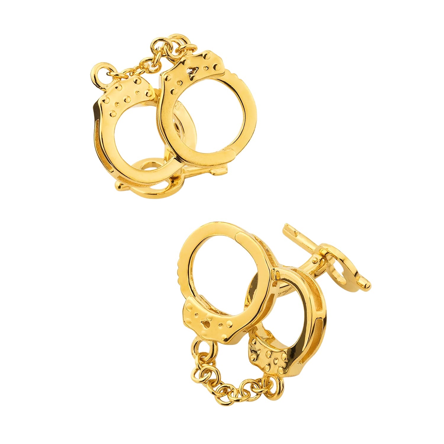 18K gold vermeil sculptural handcuff cufflinks pair angled rear view showing T-bar post closure swing-through locking arm and miniature chain link connector by Jan Leslie