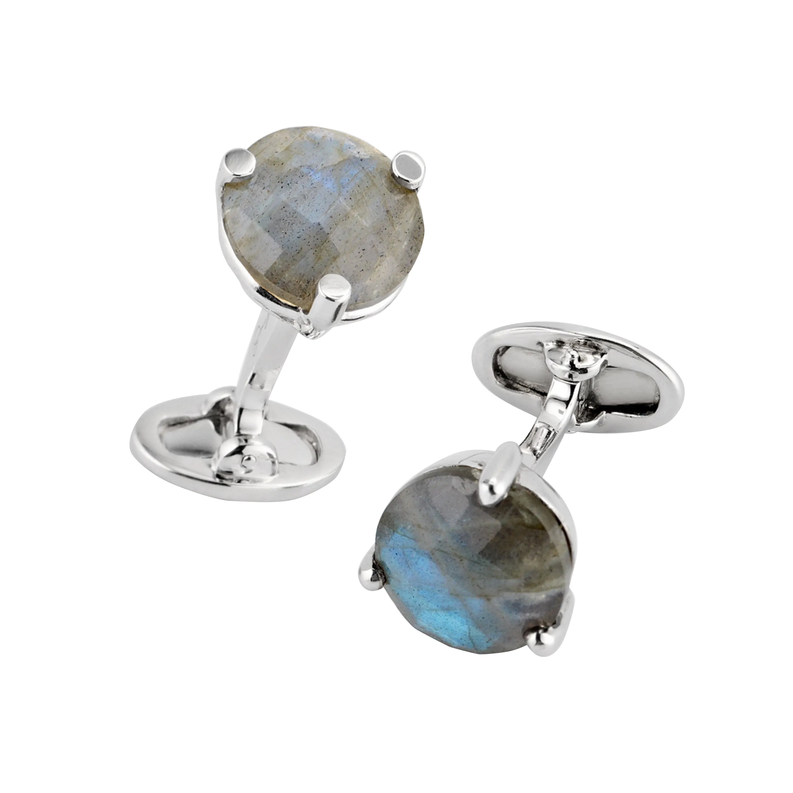 Round faceted labradorite cufflink pair in polished sterling silver four-prong martini settings