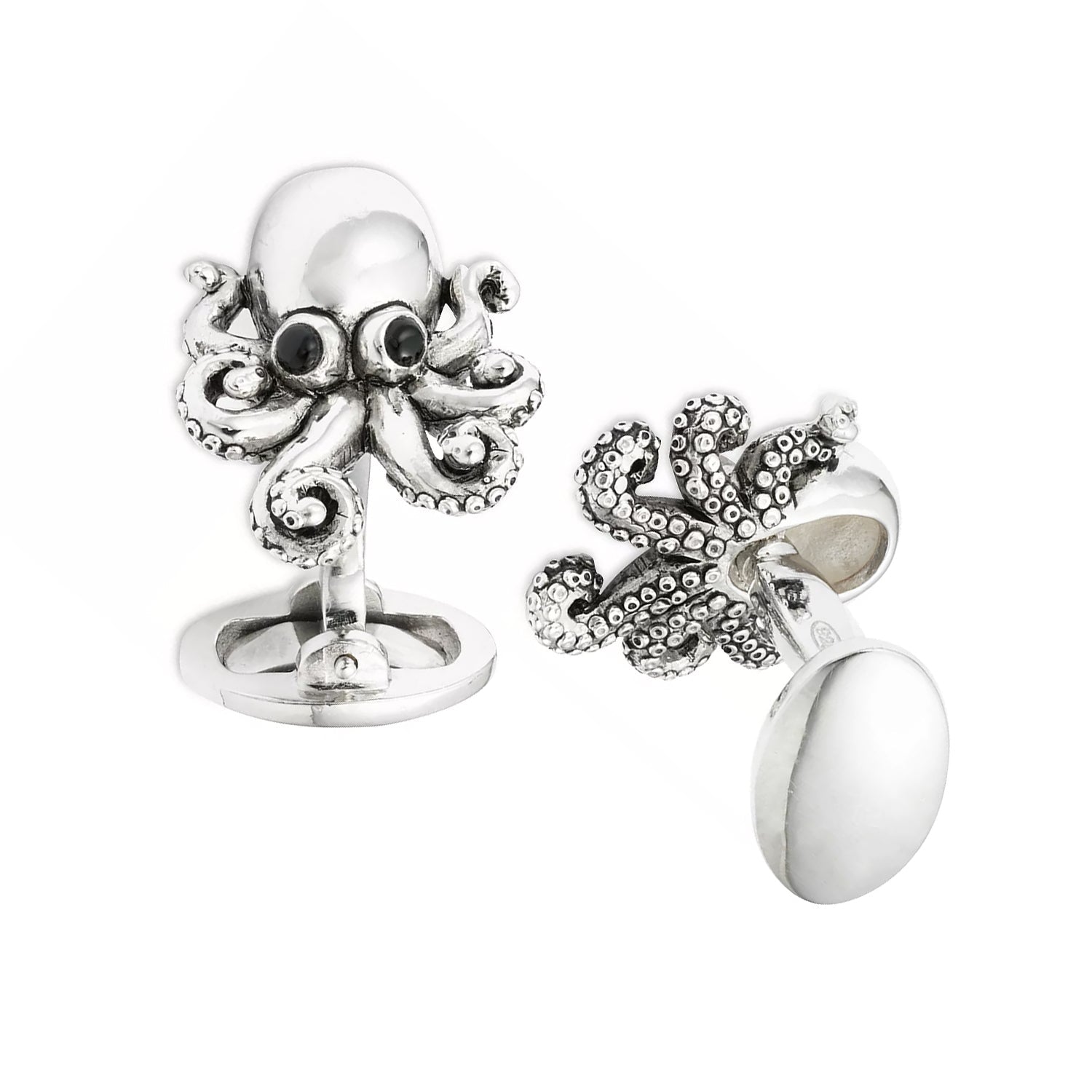3D oxidized sterling silver octopus cufflinks with black onyx eyes and detailed tentacles, Jan Leslie