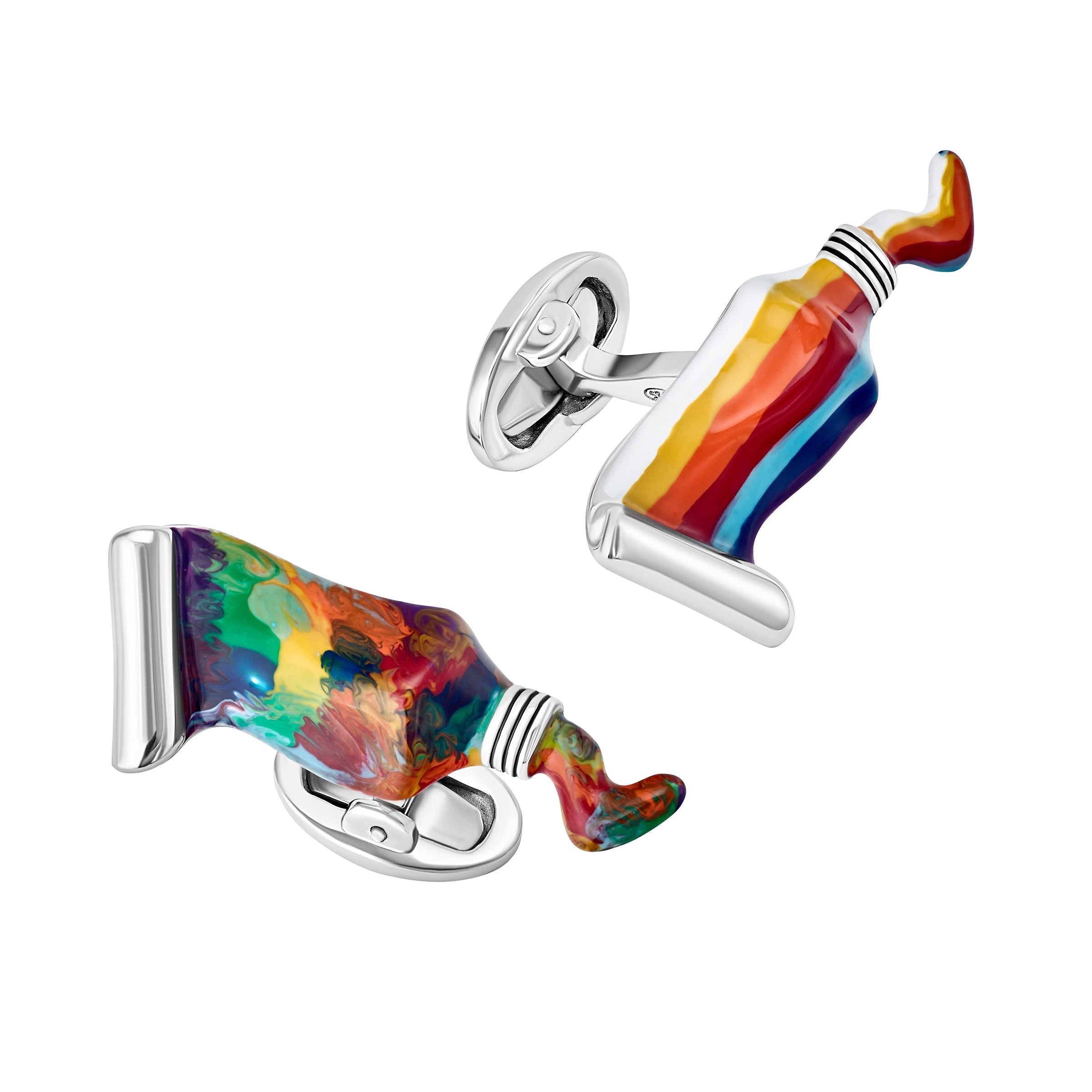 Sterling silver paint tube cufflinks pair angled view showing multicolor swirl and rainbow stripe resin faces and whale-back closure detail by Jan Leslie