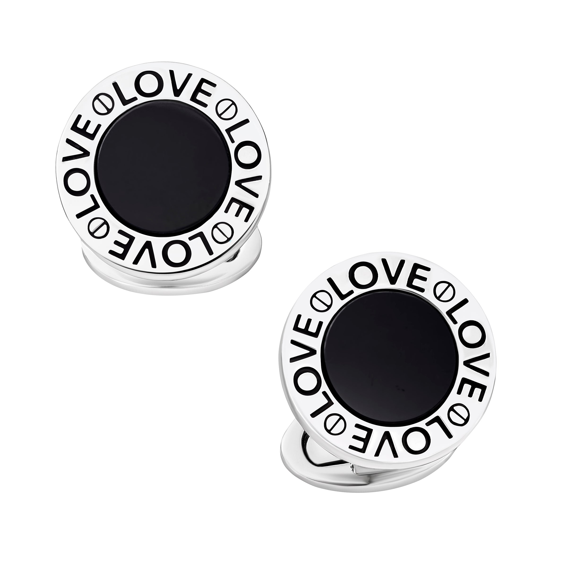 Pair of round silver cufflinks with black onyx center and engraved LOVE text border with whale back closures