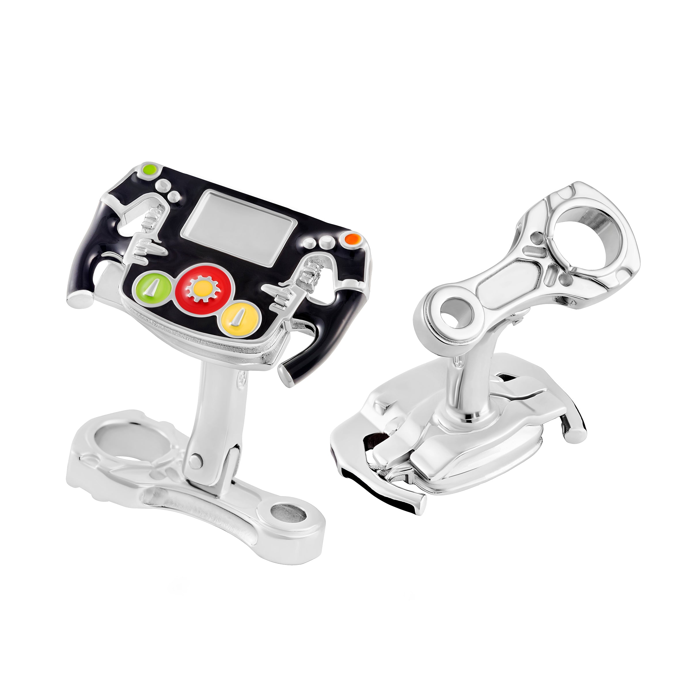 Sterling silver Formula 1 steering wheel cufflink with black enamel dash and multicolor buttons paired with polished piston connecting rod back cufflink by Jan Leslie