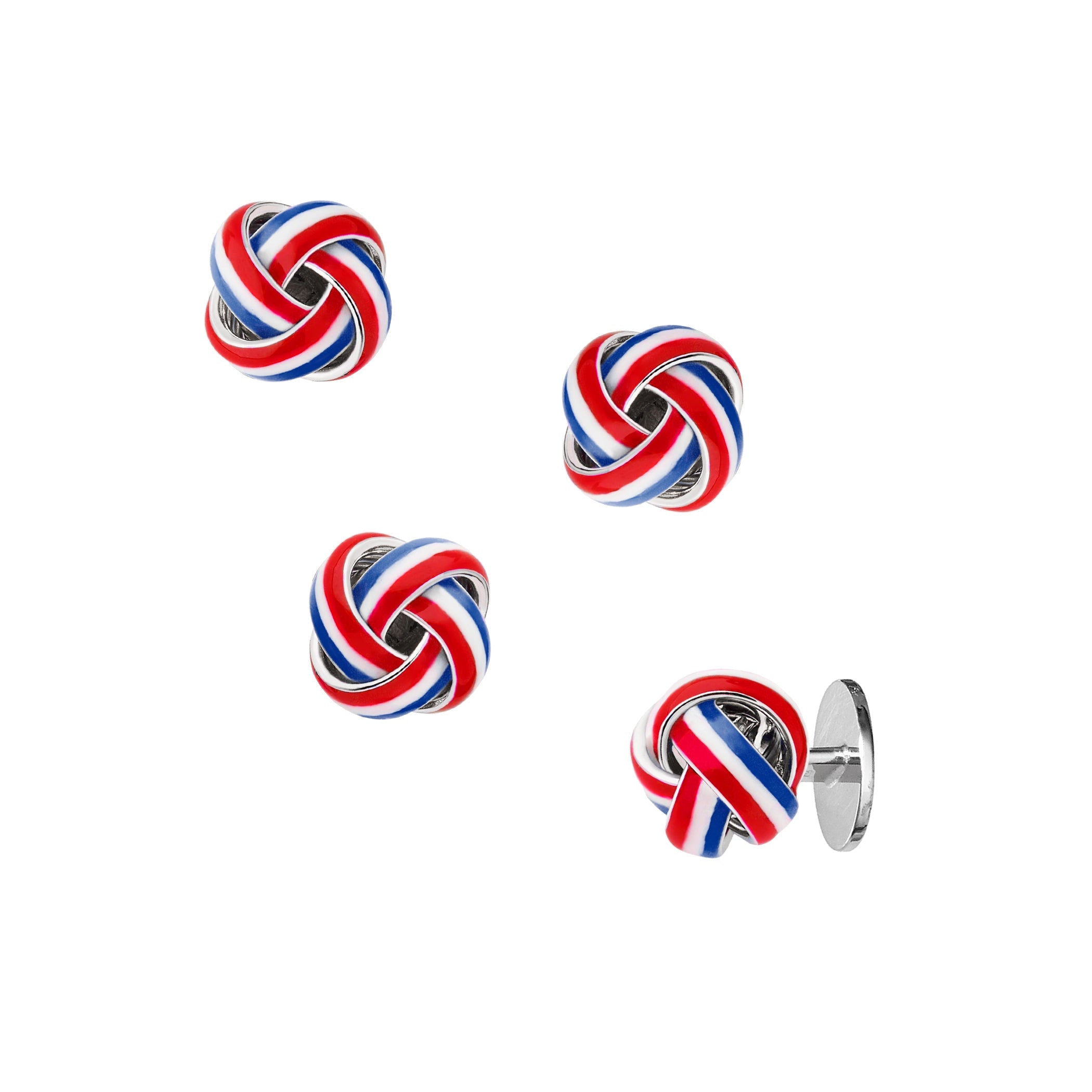 Red, white, and blue enamel knot tuxedo stud set with silver bullet backs for patriotic formal wear.