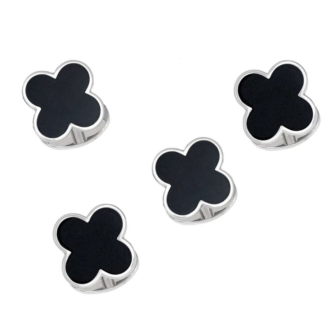 Gemstone Four Leaf Clover Sterling Silver Tuxedo Studs in Onyx I Jan Leslie Cufflinks and Accessories.