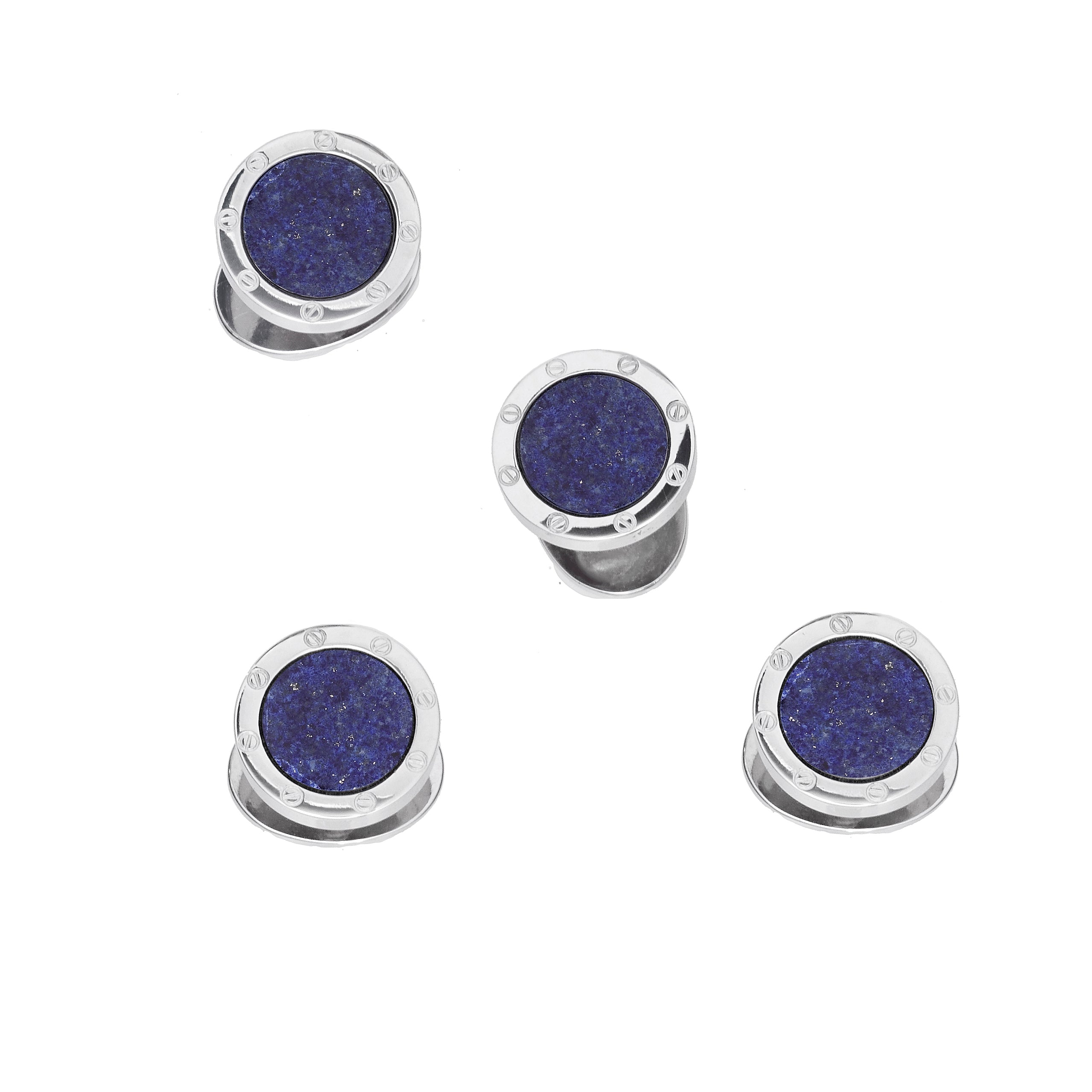 Set of four round lapis lazuli sterling silver tuxedo studs with screw-bezel detail, Jan Leslie