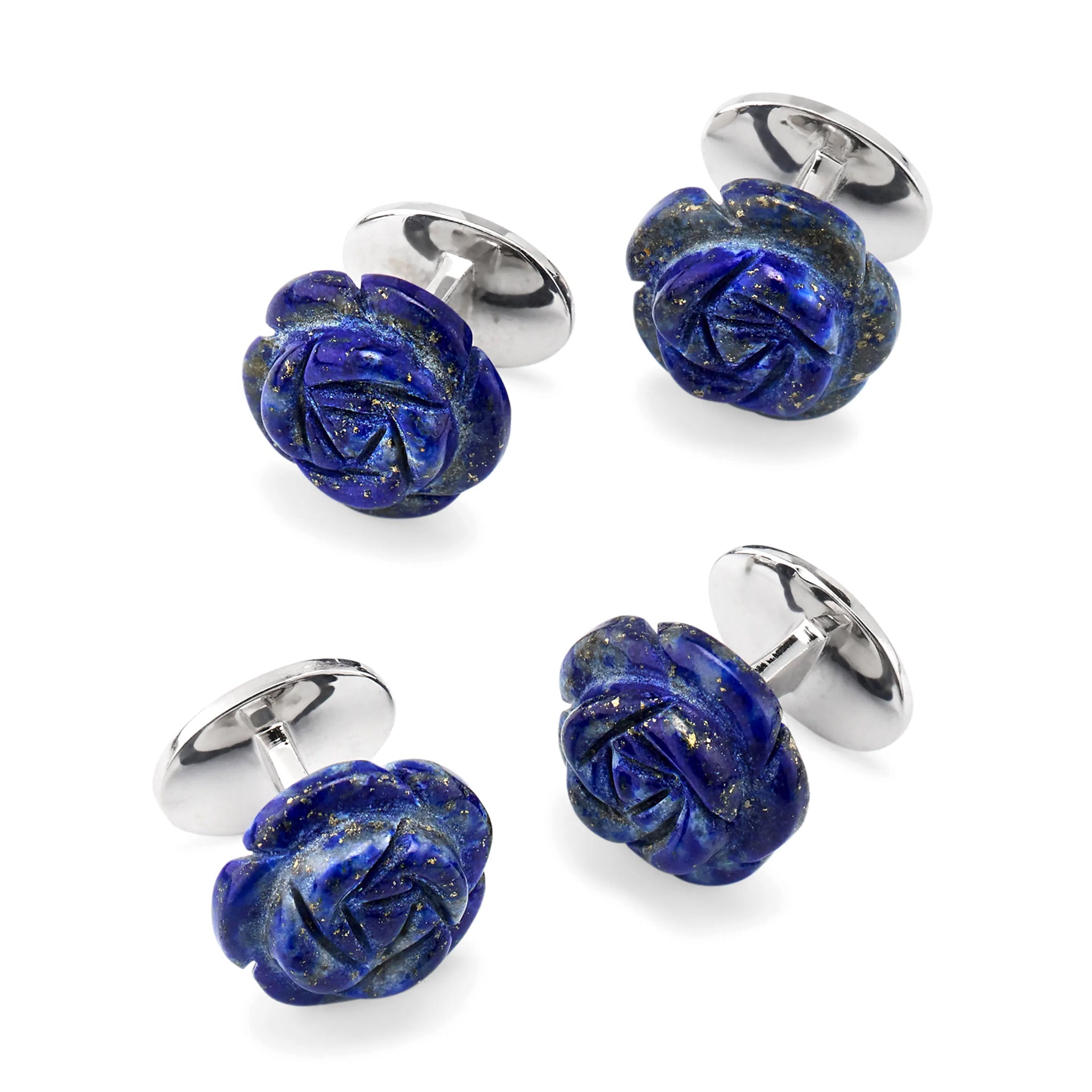 Carved lapis lazuli rose cufflinks and studs set with silver bullet backs, deep blue with gold pyrite flecks.