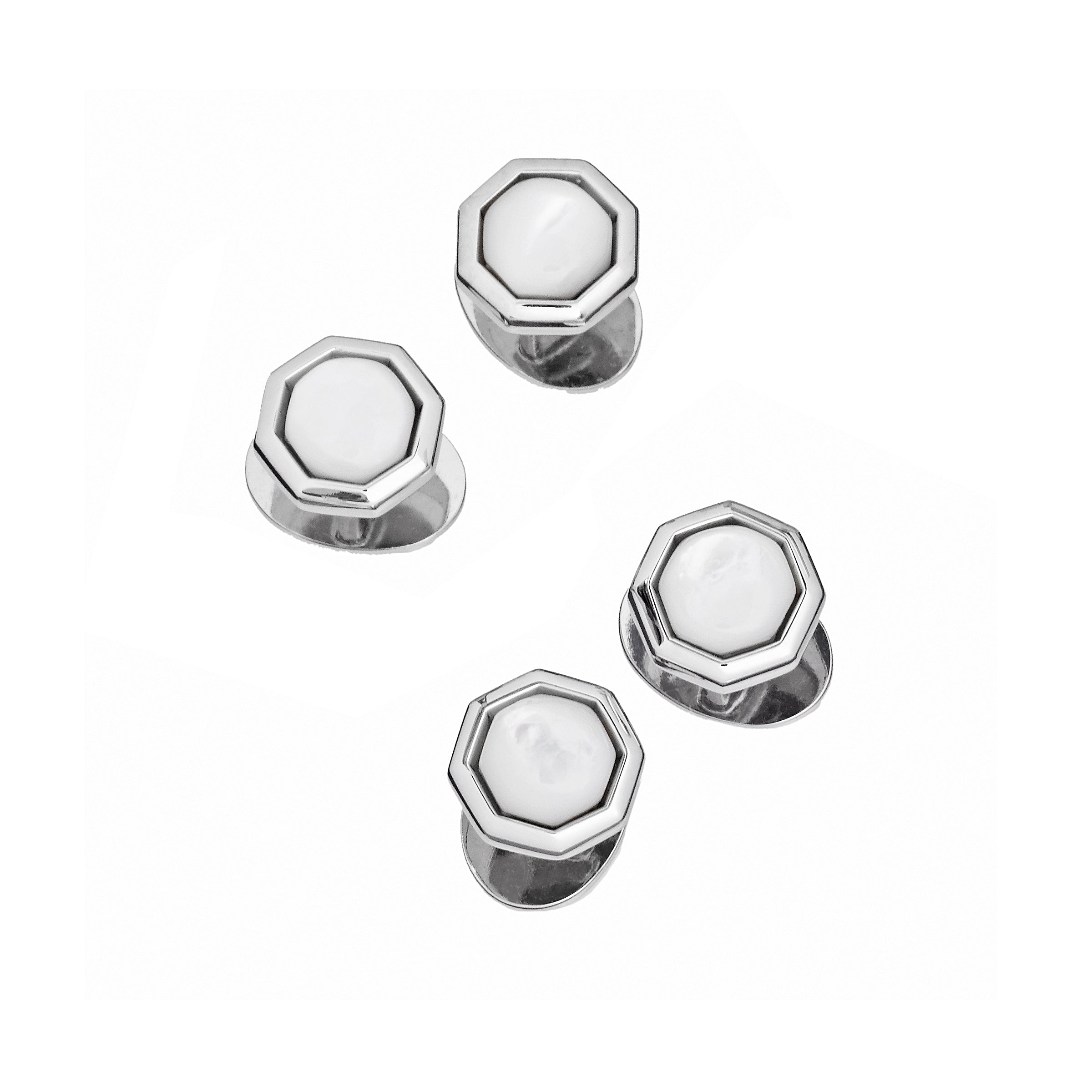 Set of four classic octagon white mother of pearl tuxedo shirt studs with polished sterling silver beveled octagon bezel
