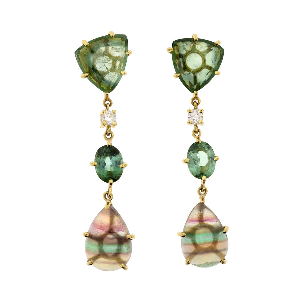 18K One of a Kind 3-Tier Gemstone Earrings: Green Tourmaline Slice, Faceted Green Tourmaline, Rainbow Fluorite & Diamond