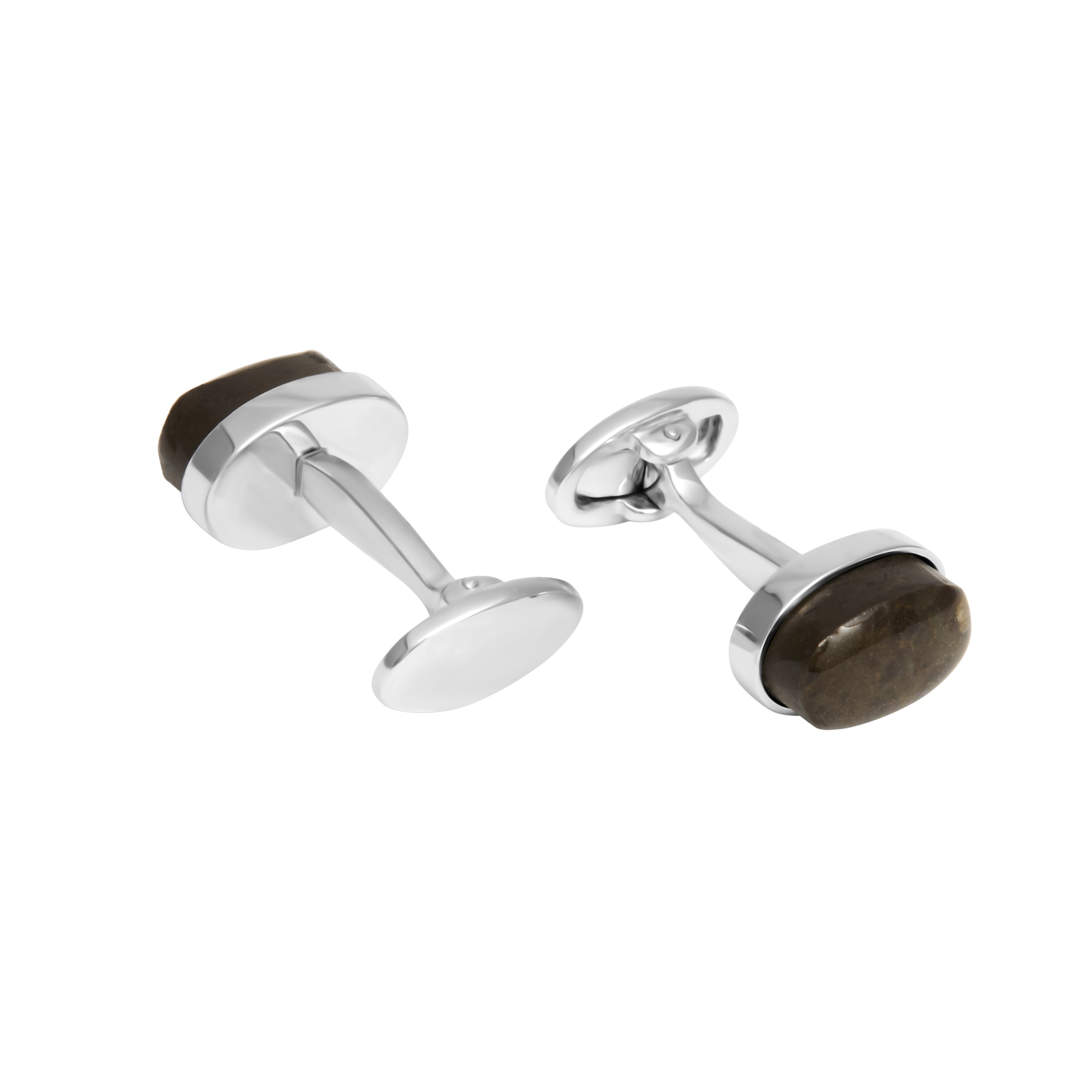 Oval ammolite cabochon cufflink pair with iridescent dark brown and gold organic stone