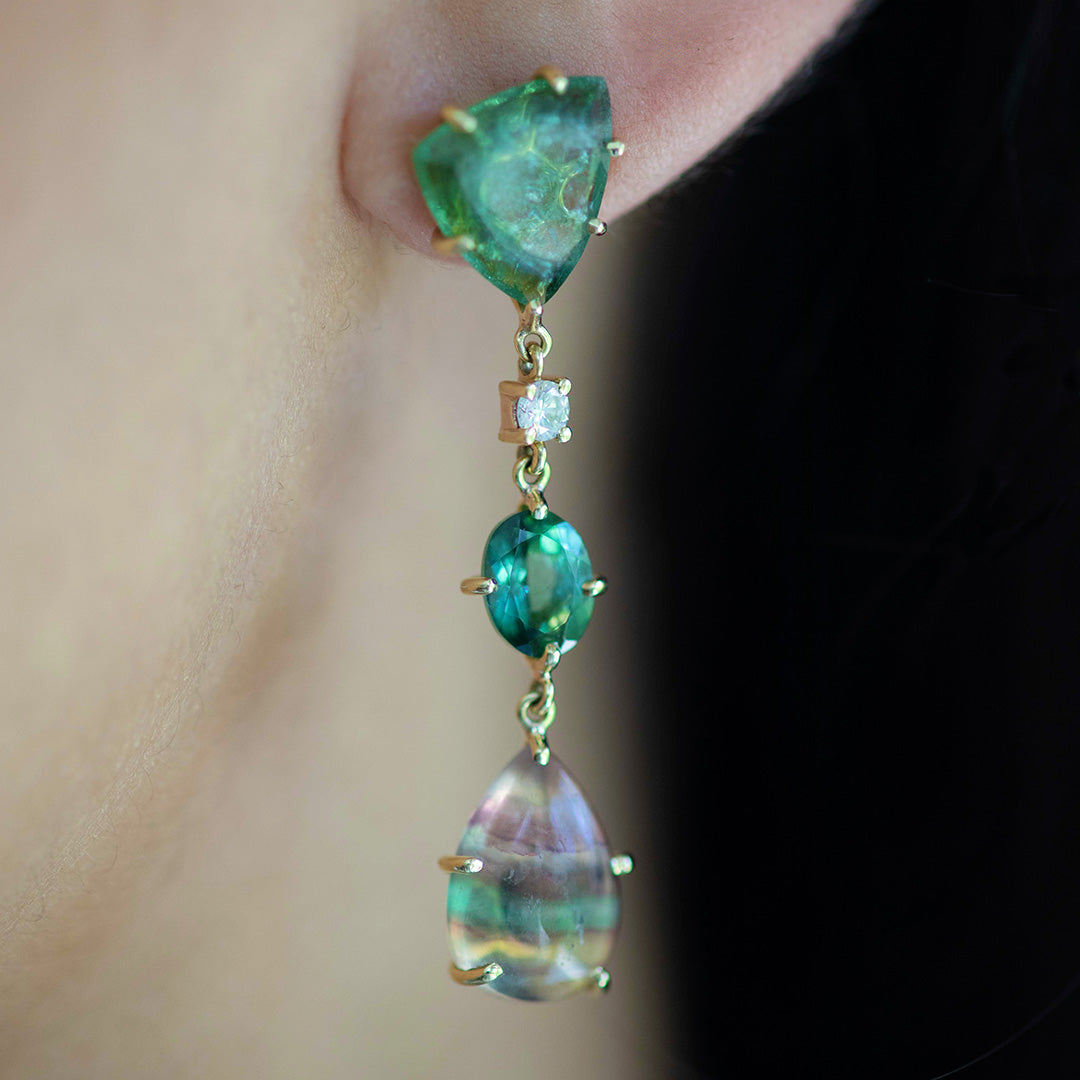 Rough green tourmaline trillion stud with diamond link oval tourmaline and banded pear fluorite drop earring
