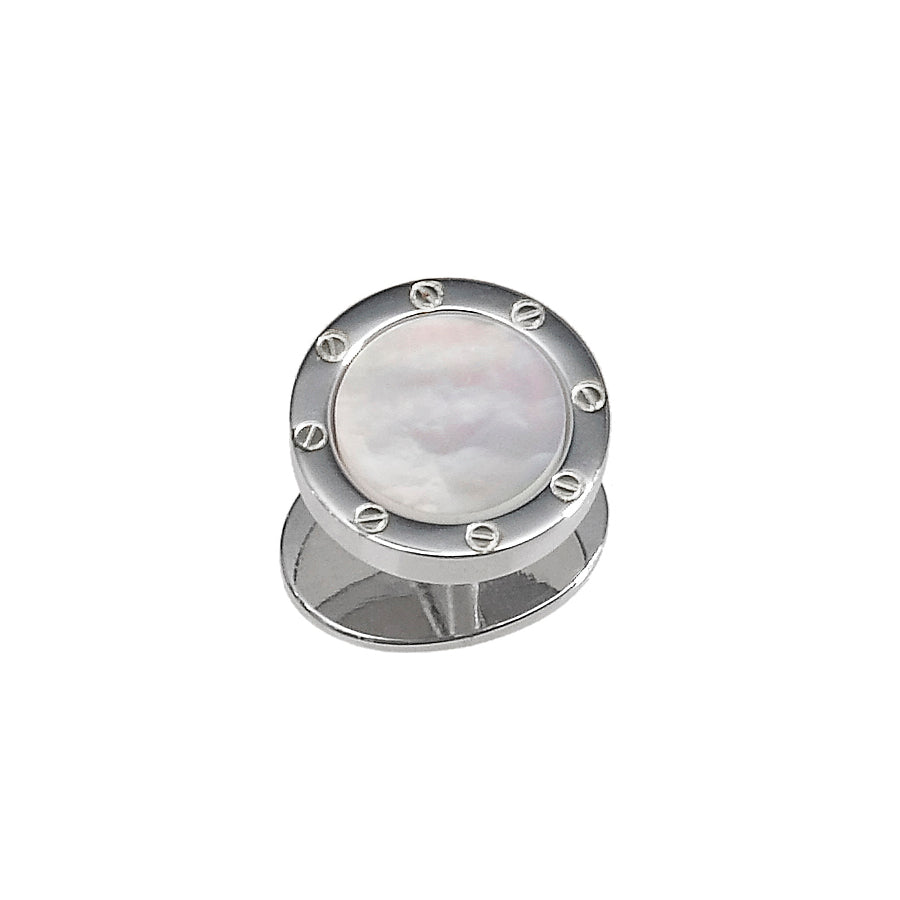 Men's white mother-of-pearl round screw-motif silver cufflink, single view — Jan Leslie