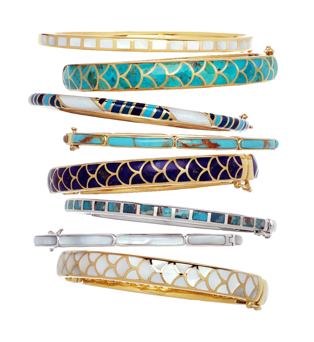 Channel-set gemstone gold vermeil bangle bracelet collection flat-lay showing eight colorways including mother of pearl, turquoise, sugilite, and multi-stripe inlay