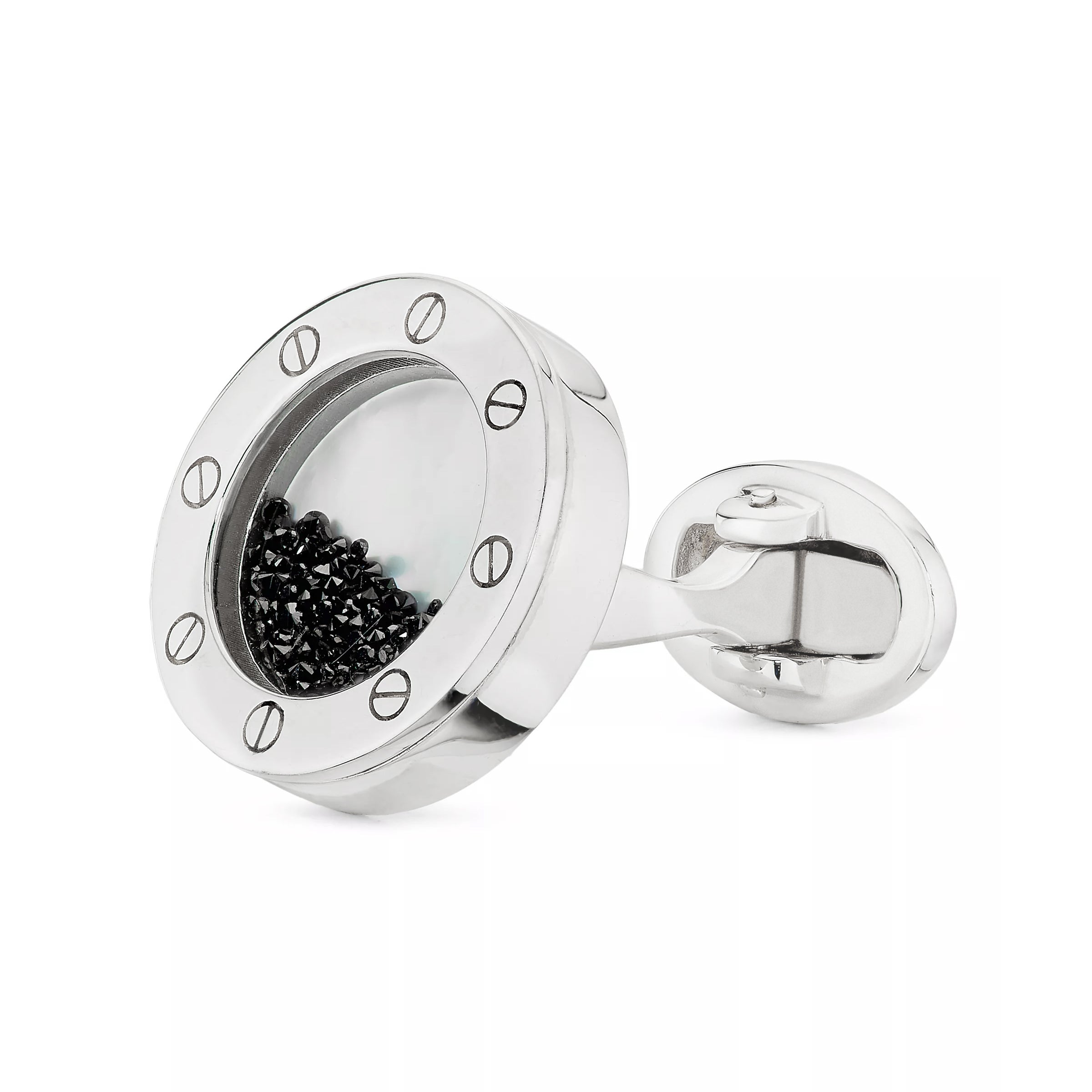 Sterling silver floating black diamond crystal porthole cufflinks pair showing screw-detail bezel and loose crystals settled in glass dome by Jan Leslie.