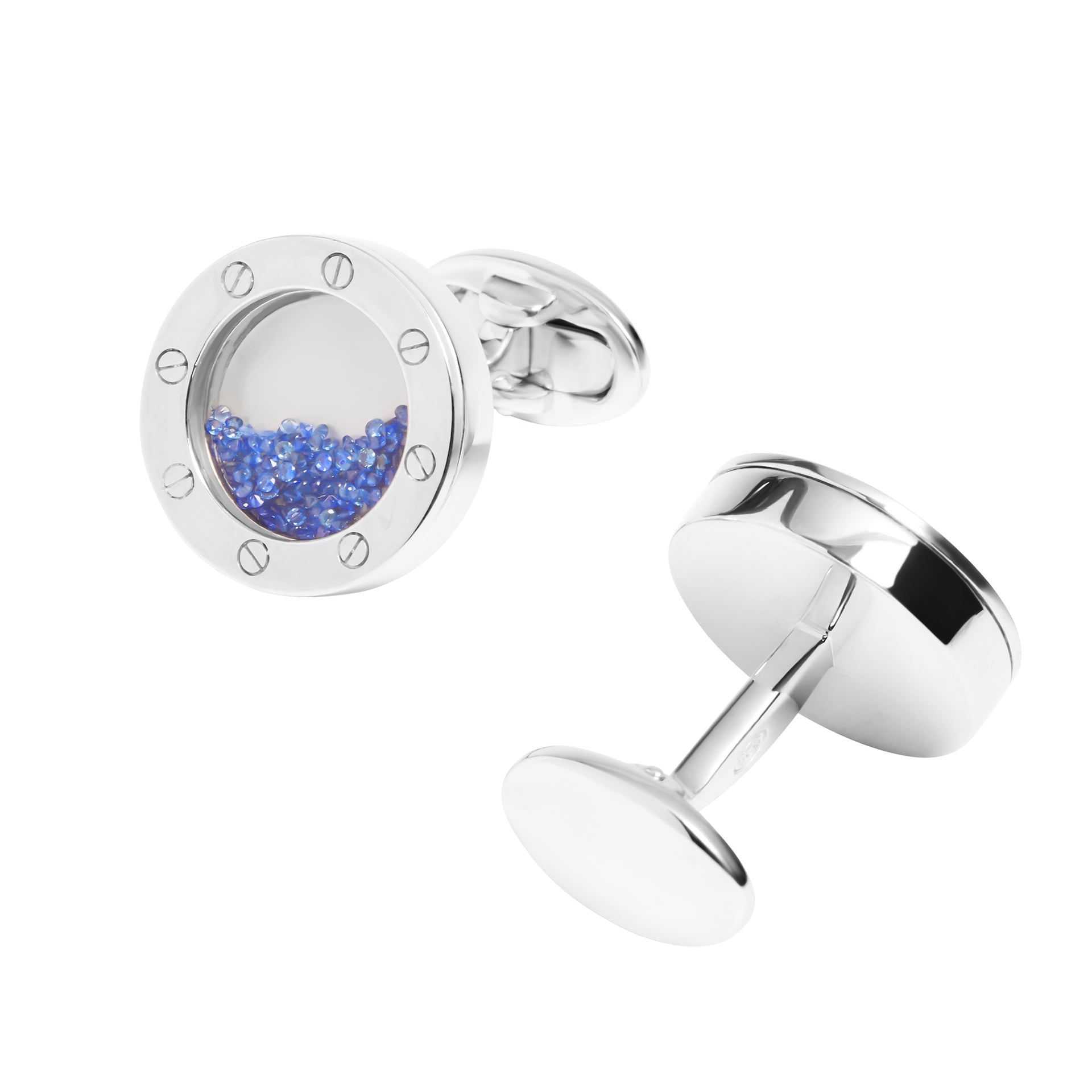 Sterling silver round floating sapphire cufflinks with screw bezel and bullet-back toggle by Jan Leslie.