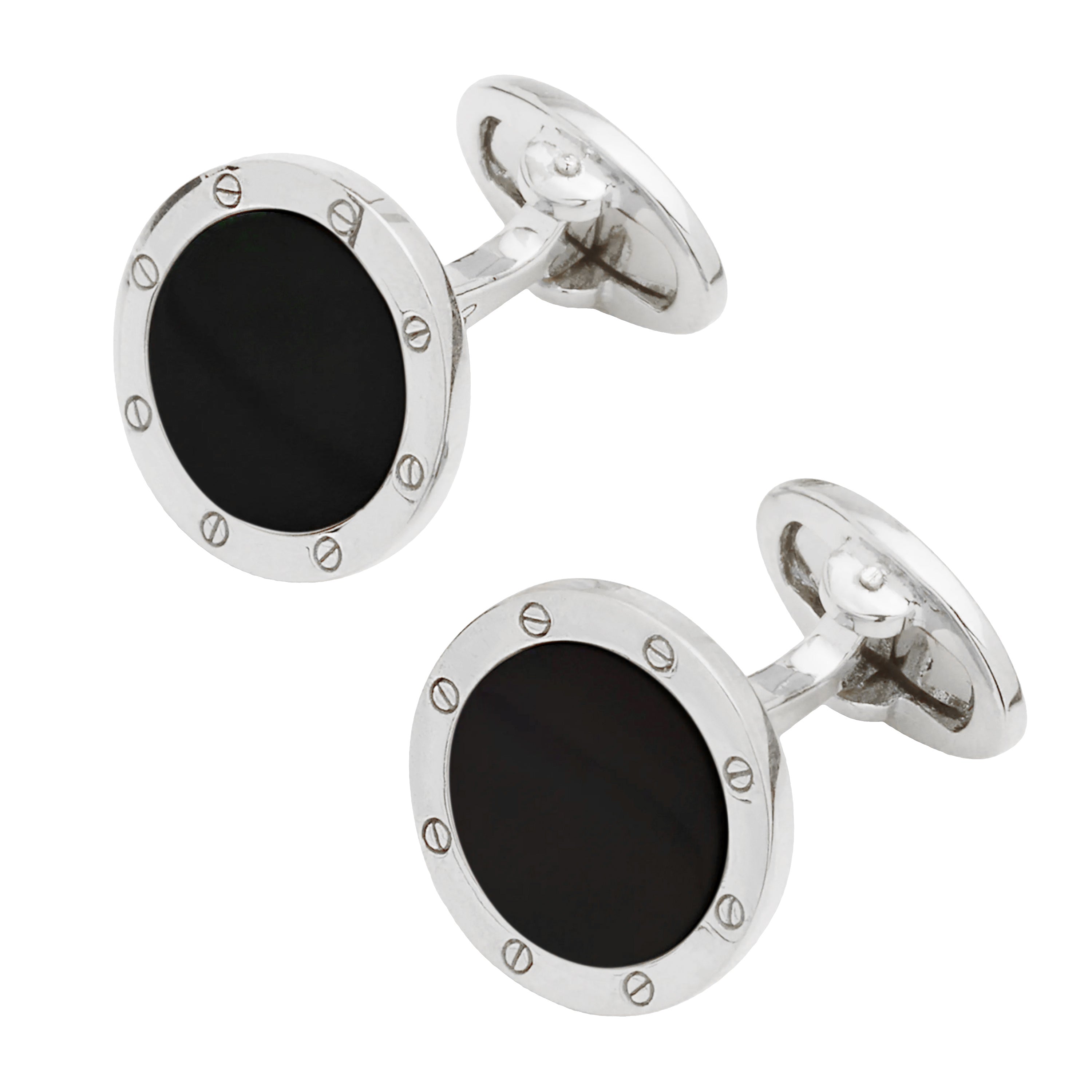 Round black onyx sterling silver cufflinks with screw-motif bezel — Jan Leslie