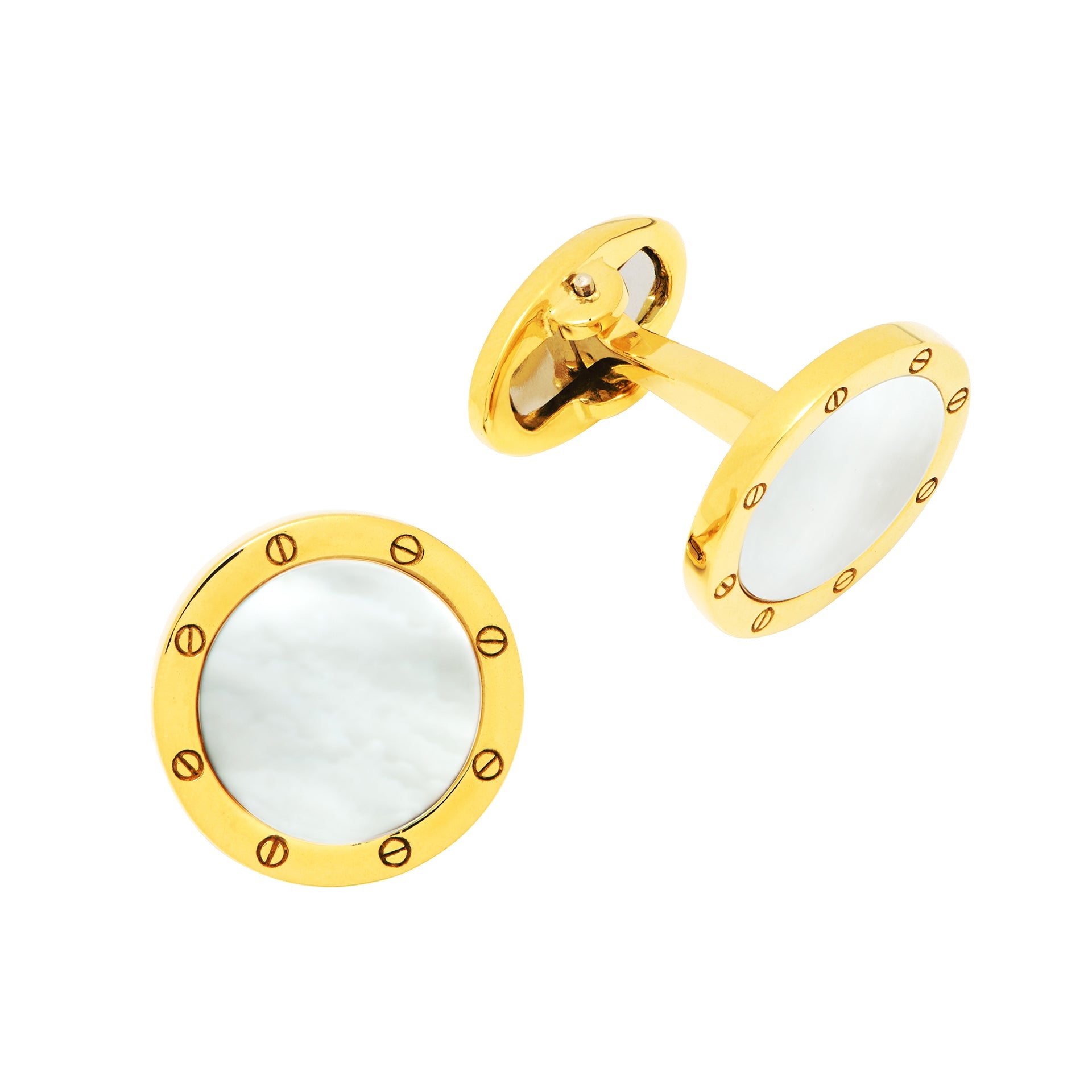 Pair of round gold cufflinks with white mother of pearl center and engraved screw-motif border with gold disc backs