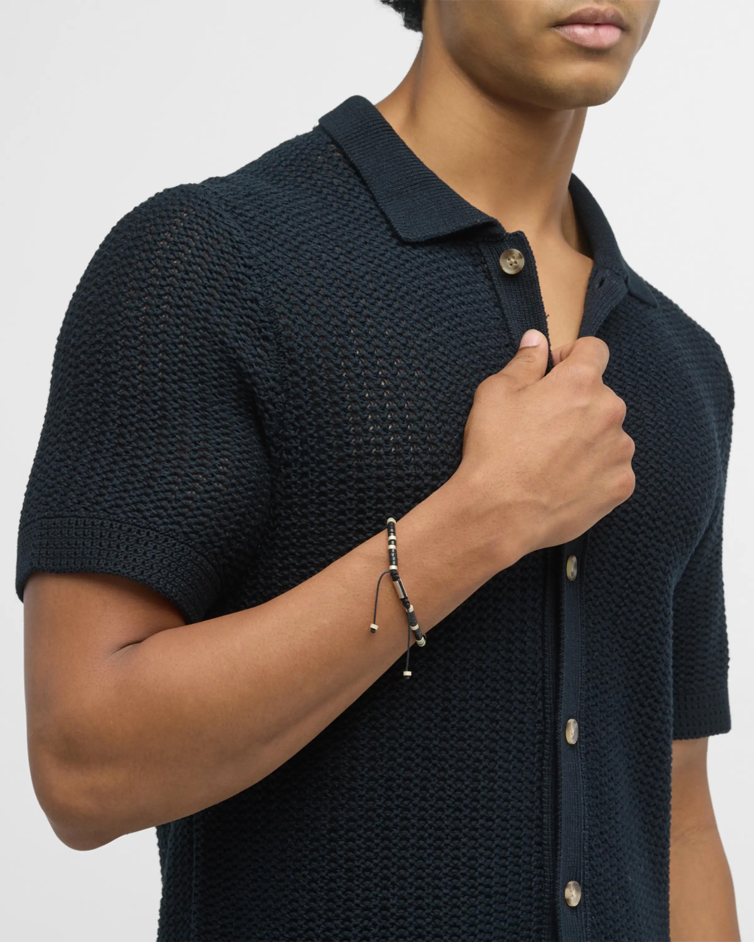 Men's black and natural bone heishi disc bead bracelet with engraved Jan Leslie sterling silver barrel clasp