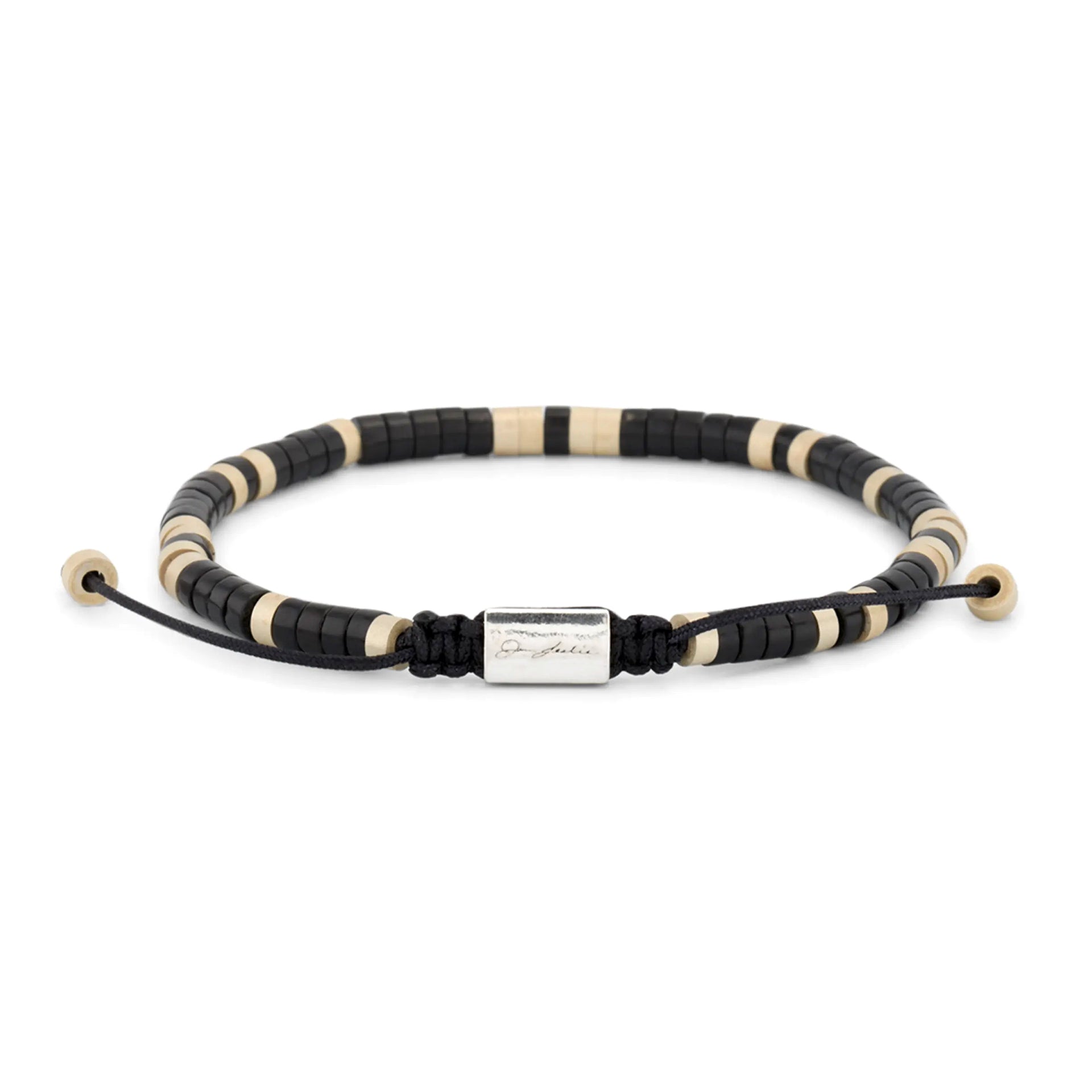 Black and natural bone heishi disc bead adjustable bracelet with engraved Jan Leslie sterling silver signature barrel.
