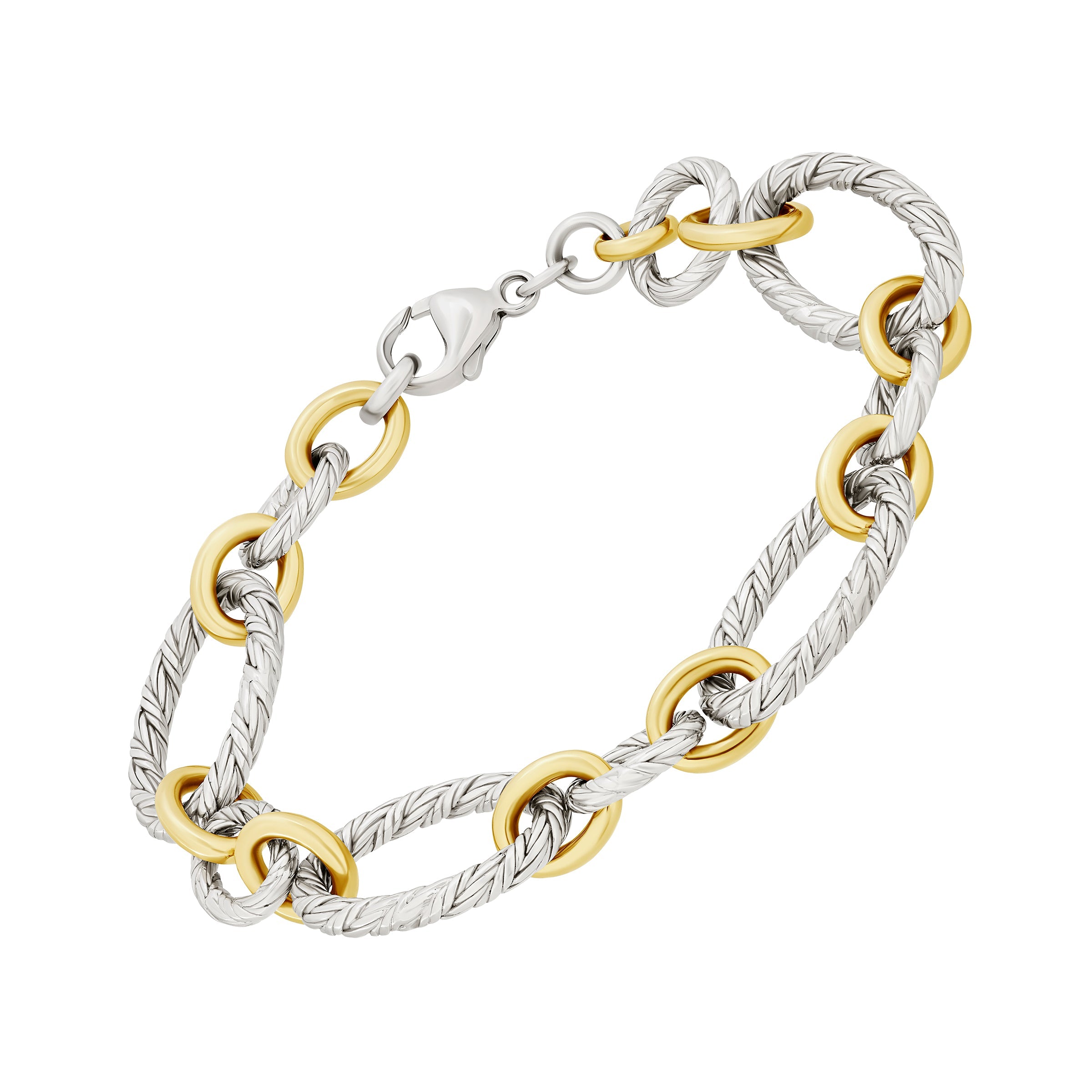 Two-Tone Textured Rope Link & Gold Ring Chain Sterling Silver Bracelet - Jan Leslie Cufflinks and Accessories