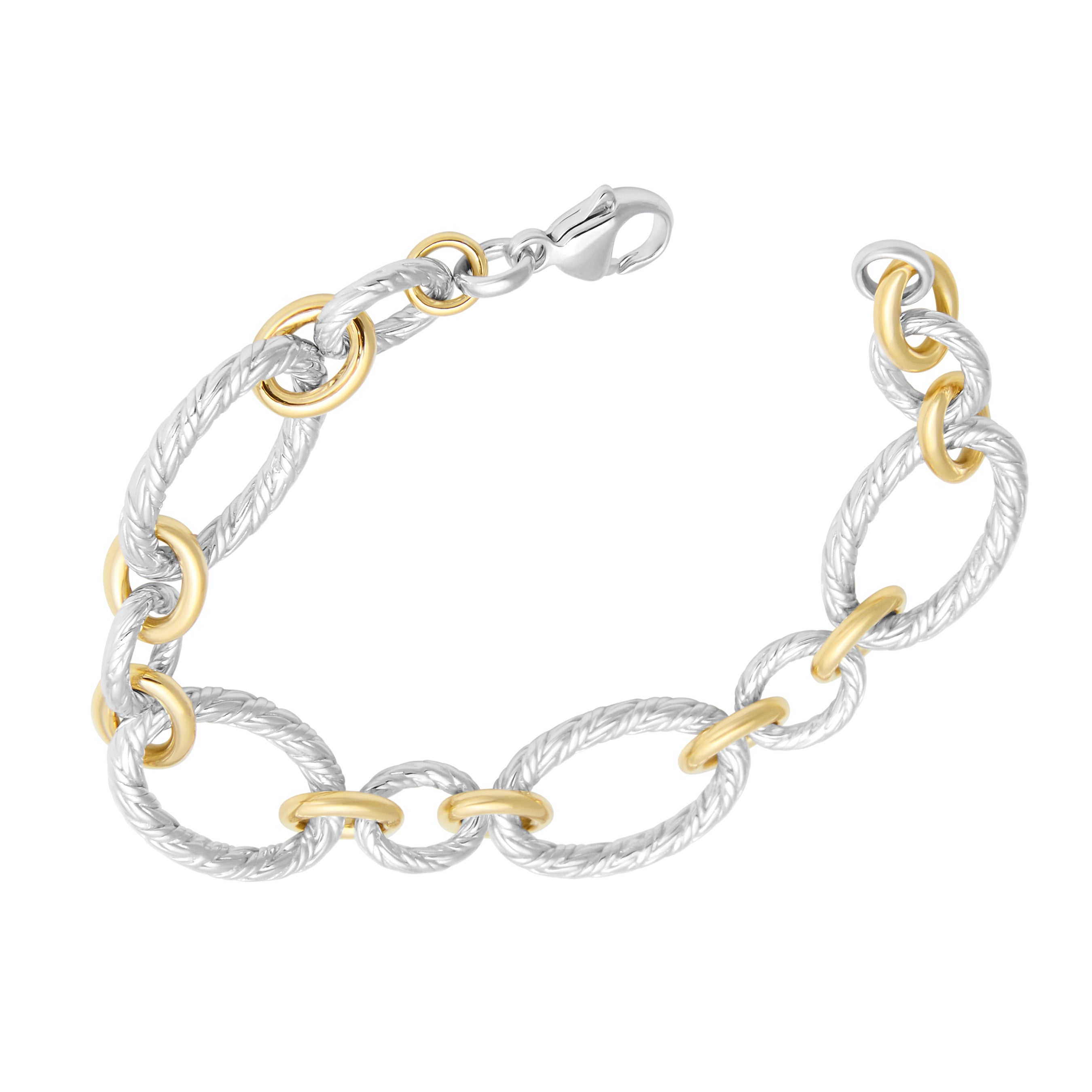Two-Tone Textured Rope Oval Link & Gold Ring Chain Sterling Silver Bracelet Side View - Jan Leslie Cufflinks and Accessories.