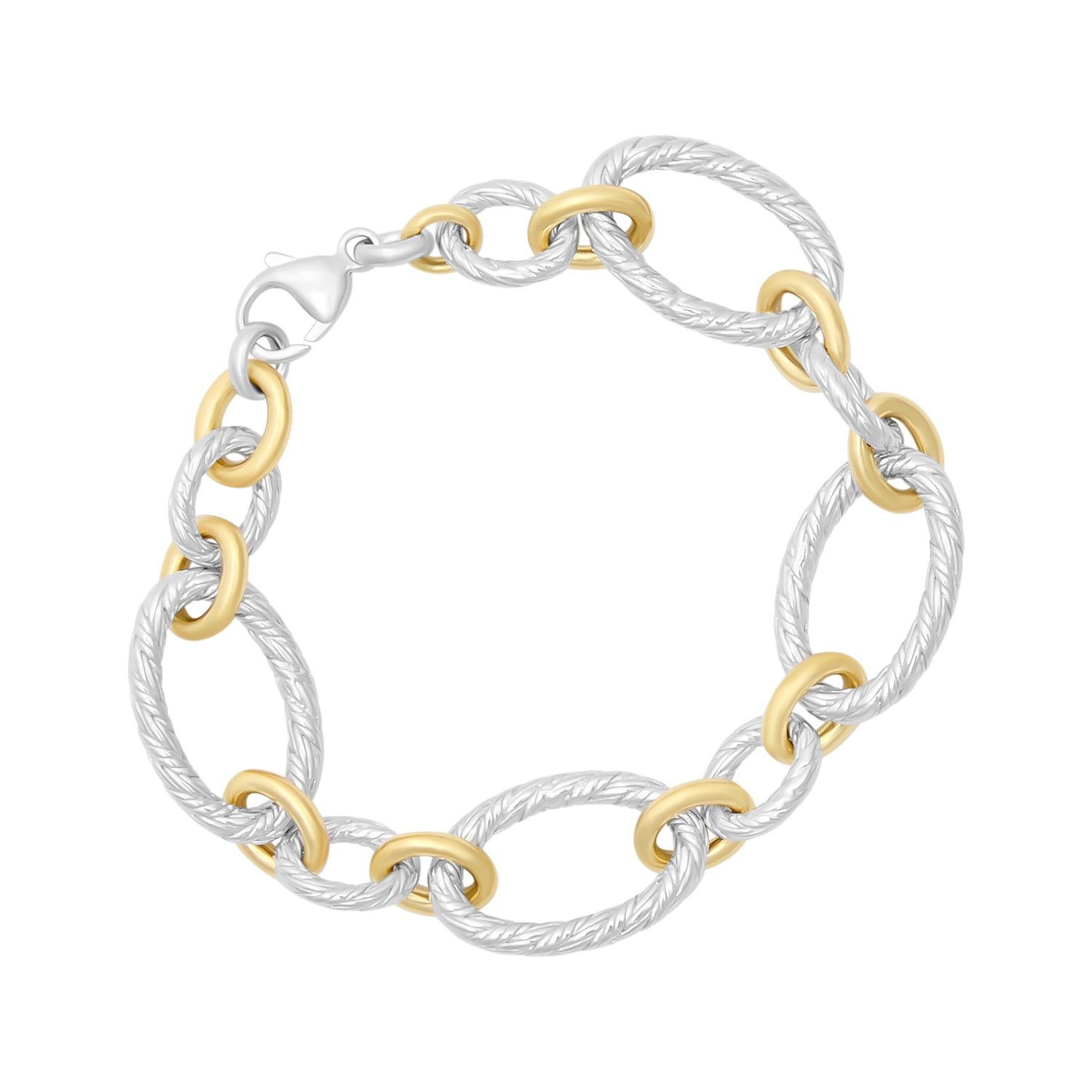 Chunky two-tone oval link bracelet with textured braided sterling silver links and polished gold vermeil connectors — a bold, luxurious chain bracelet that makes an effortless everyday statement.