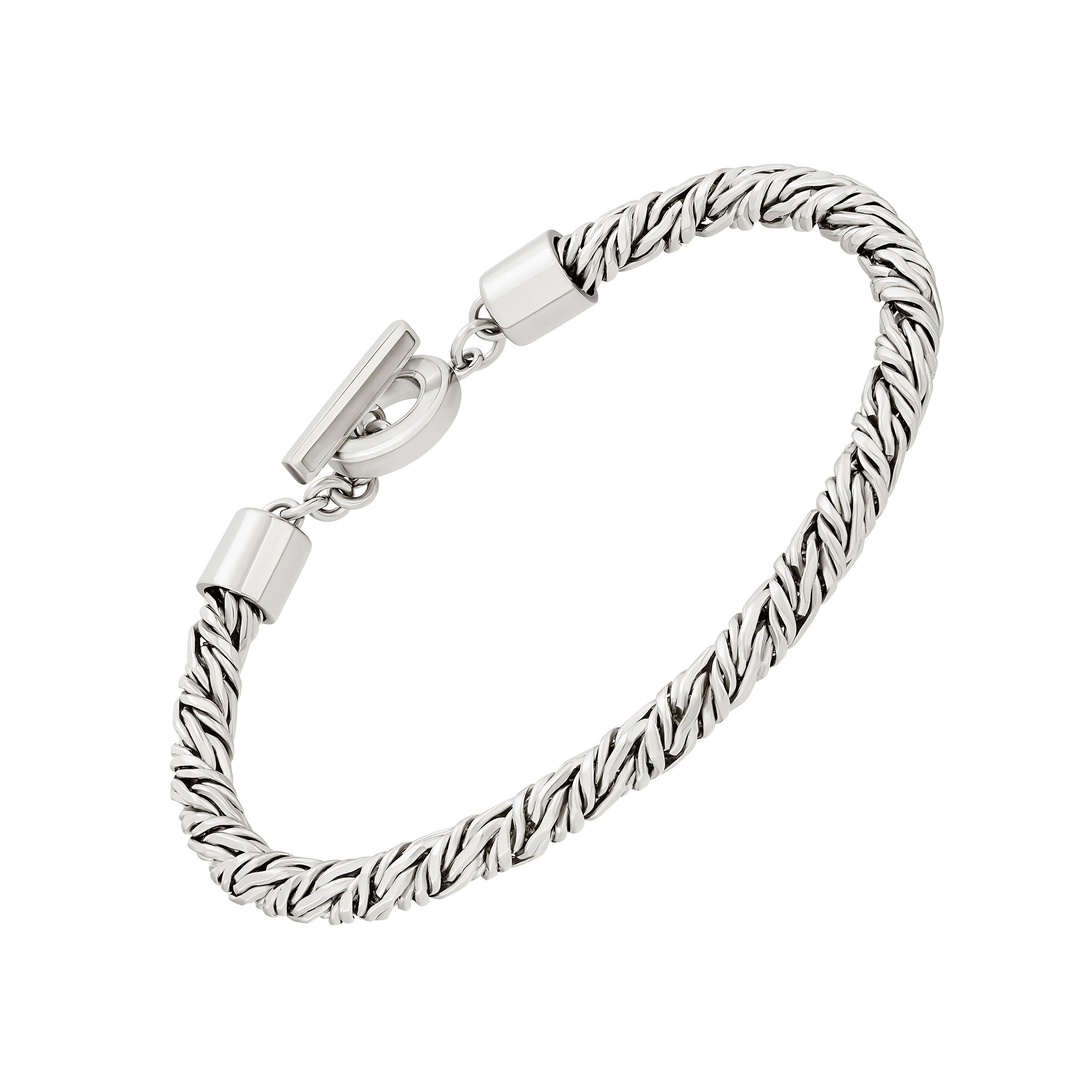 Bold oxidized sterling silver rope-textured bracelet with polished barrel end caps and a classic toggle clasp closure.