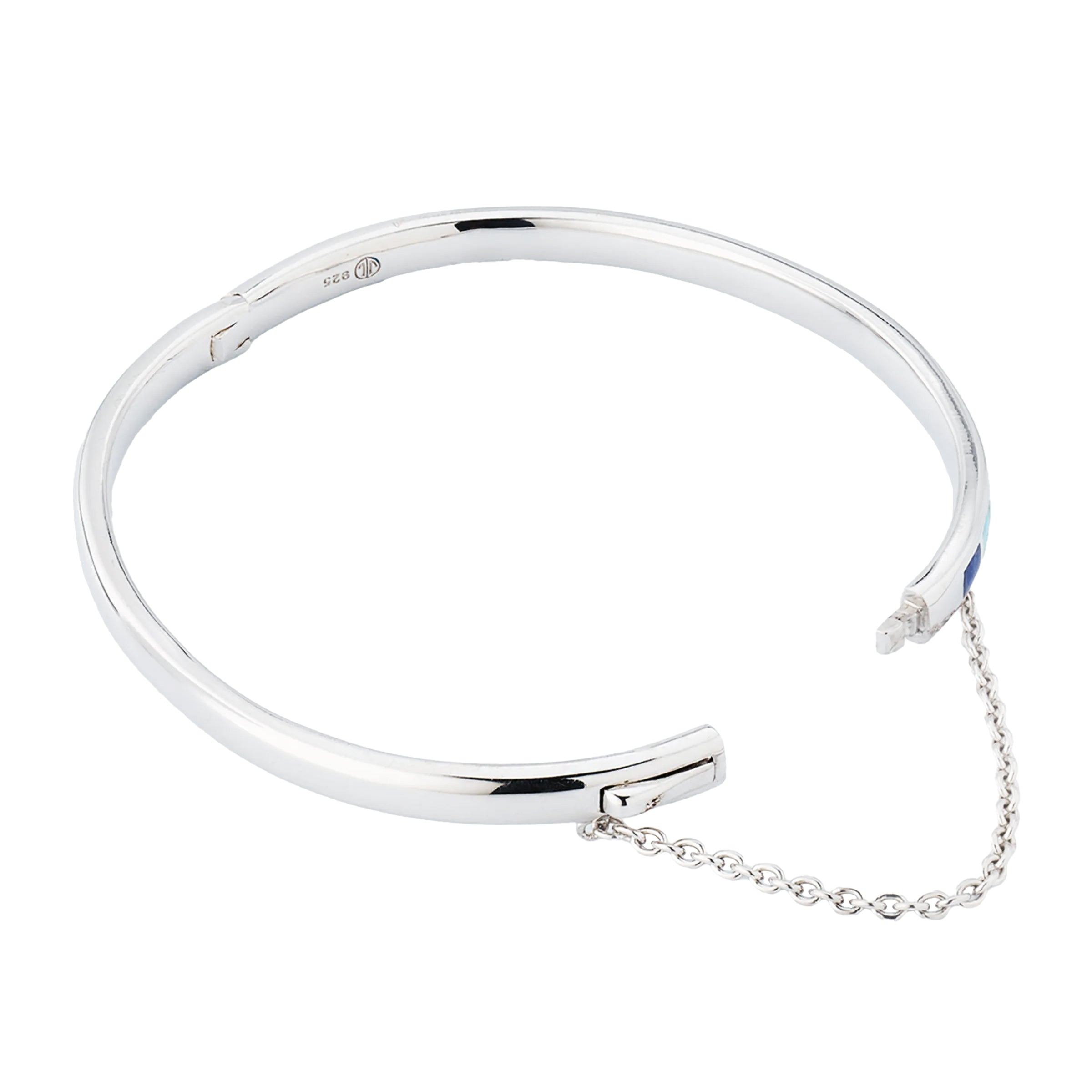 Sterling silver multi-blue enamel mosaic bangle bracelet interior showing 925 hallmark hinge clasp and safety chain by Jan Leslie.