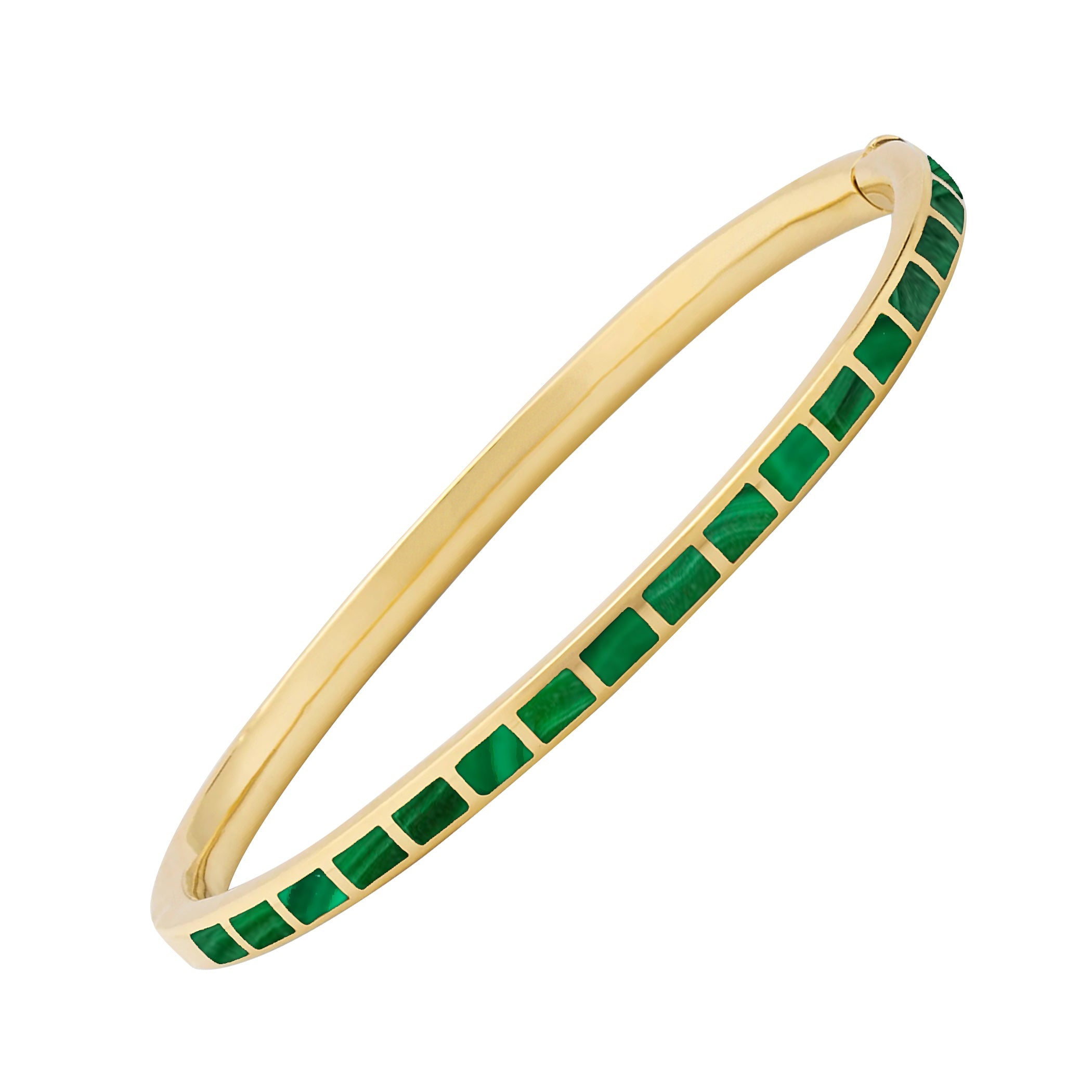 Channel-set green malachite square tile gold vermeil hinged bangle bracelet