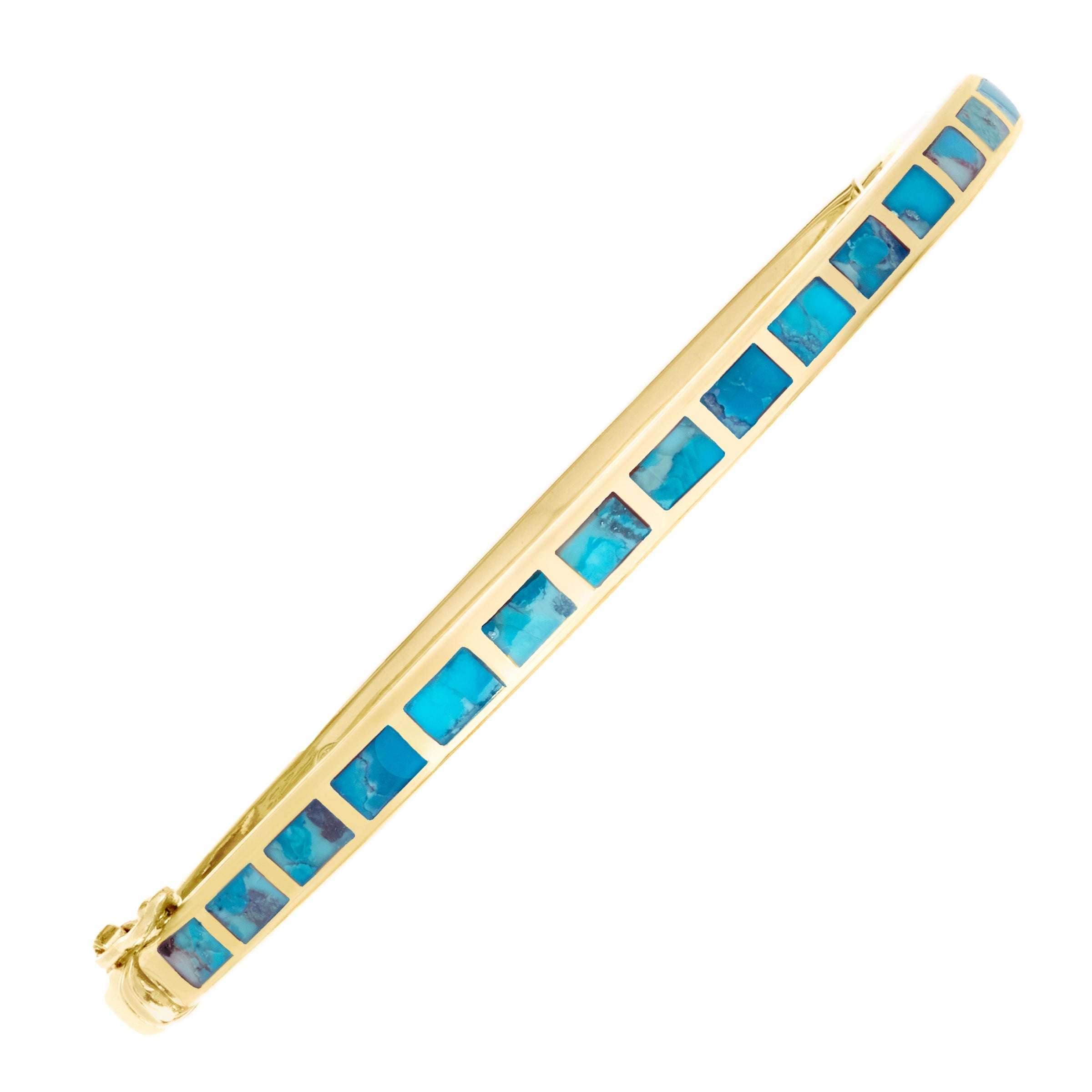 Channel-set turquoise square tile gold vermeil hinged bangle bracelet